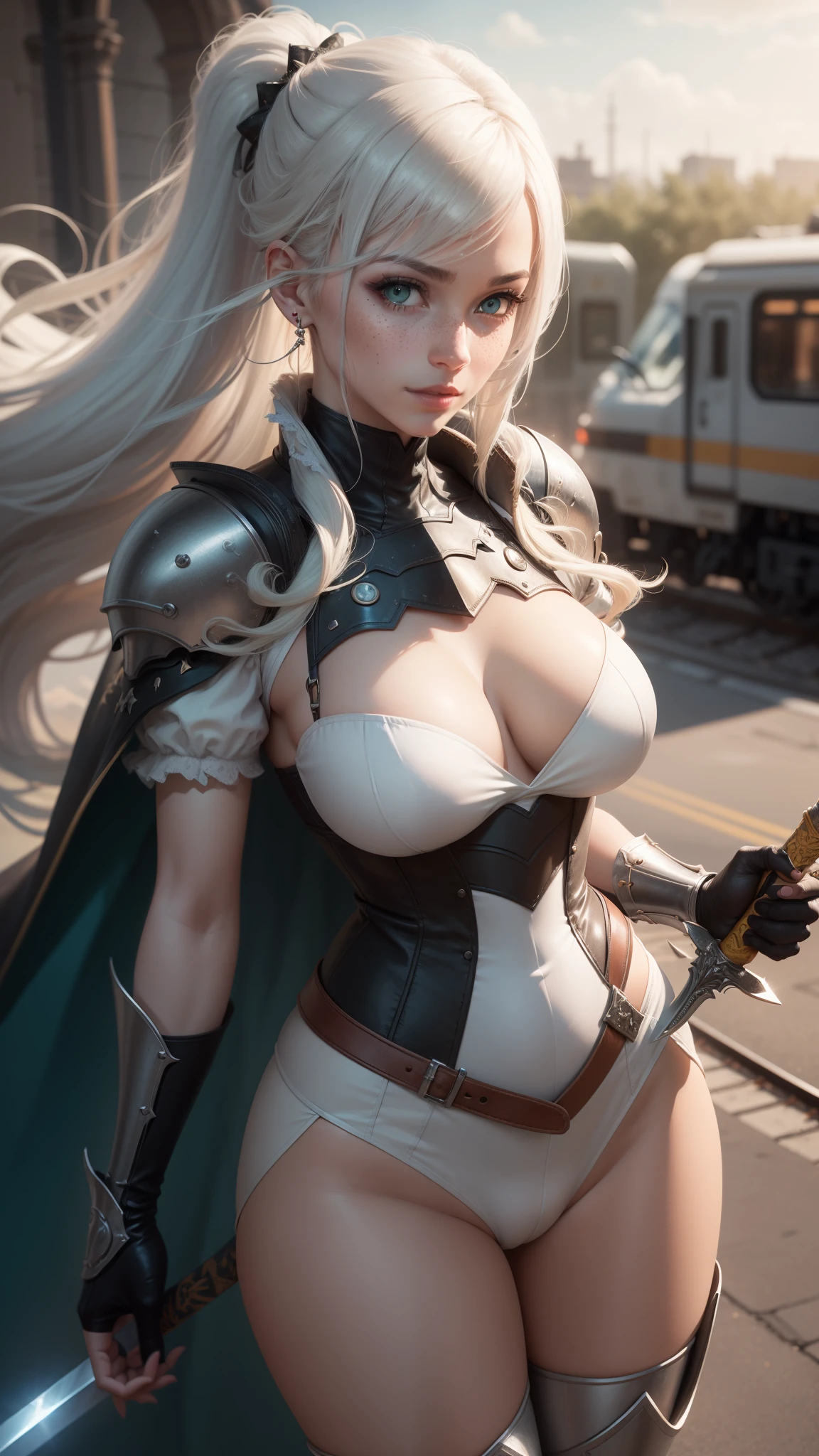 gwen tennyson,yorha 2b,tracer,claire farron,1girl,overwatch,atelier ryza,close up,battlefield view,tattoos,royal gray and white plugsuit,white short sleeve knight top,short sleeve knight full plate armor,long knight skirt,white knight corset,long hair,princess makeup,green eyes,multicolored silver hair,long dress train,sexy smile,freckles,beautiful girl, knight thigh high boots,big breasts,8k, ultra detailed,realistic,fantasy art,silver knight uniform,queen gown dress,hair pin,ear piercings,snowflake hand and neck jewelry,(weather:windy),long gray knight cape,holding a sword on each hand,(pose:sword raised ready to attack),