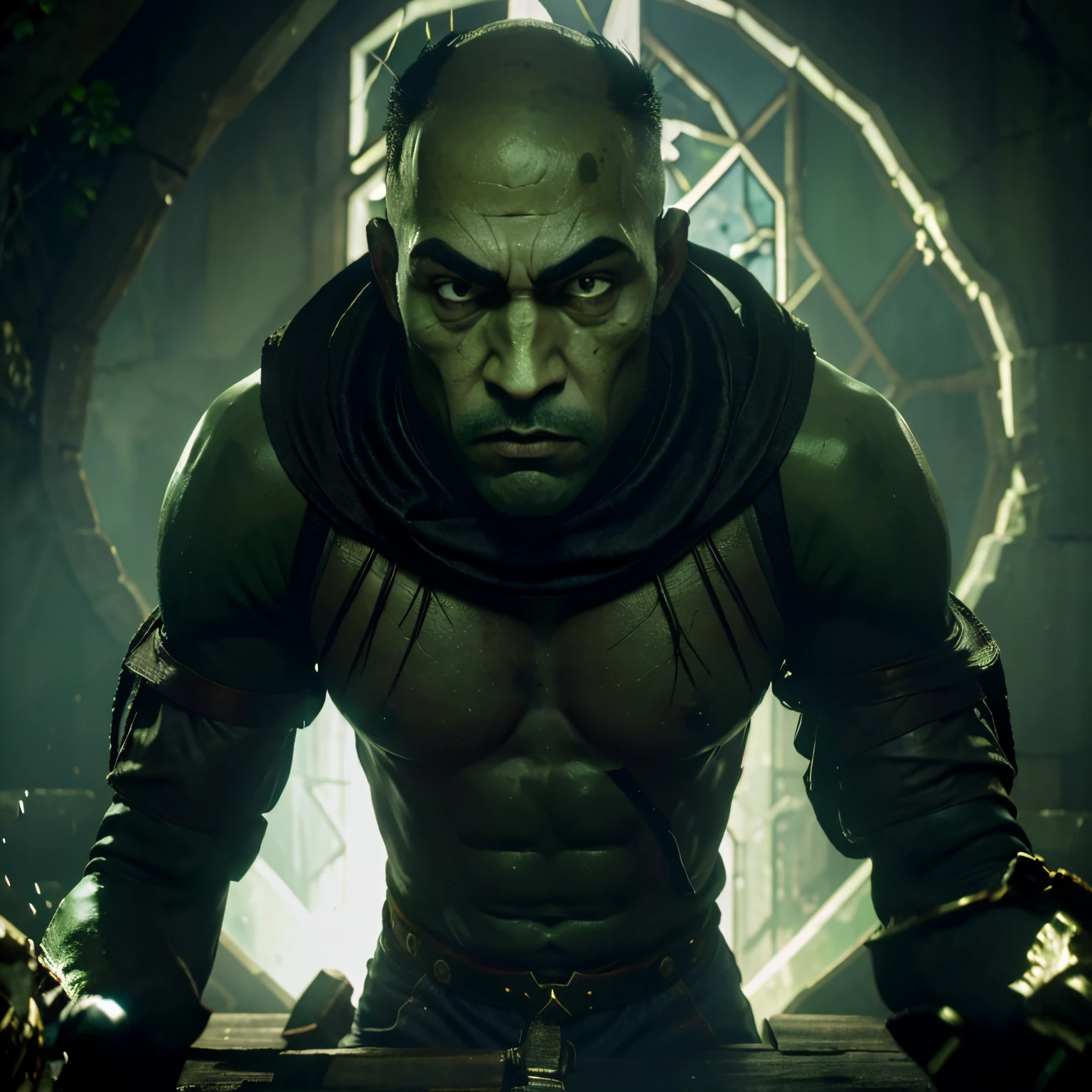 Imagine an RPG character with these characteristics is an imposing-looking character, com longos cabelos ruivos, pele verde escuro e vestimentas robustas, geralmente adornadas com detalhes sombrios. His intense eyes and facial expression highlight his malevolent nature.,