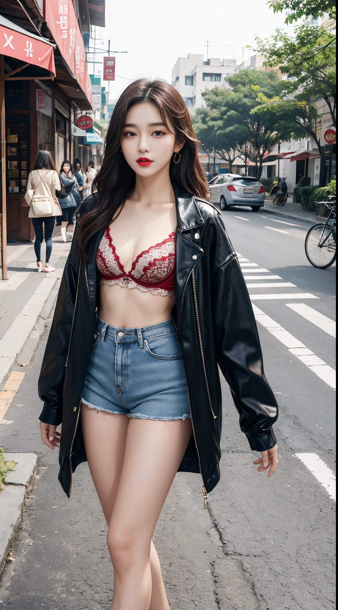 Young Girls, beautiful girls, Korean makeup, Red lips, long hair, medium chest, medium body, thigh, áo bra che bụng, bra đen, áo khoác ngoài, áo khoác đỏ, open jacket, Tight jean shorts, streetscape,
