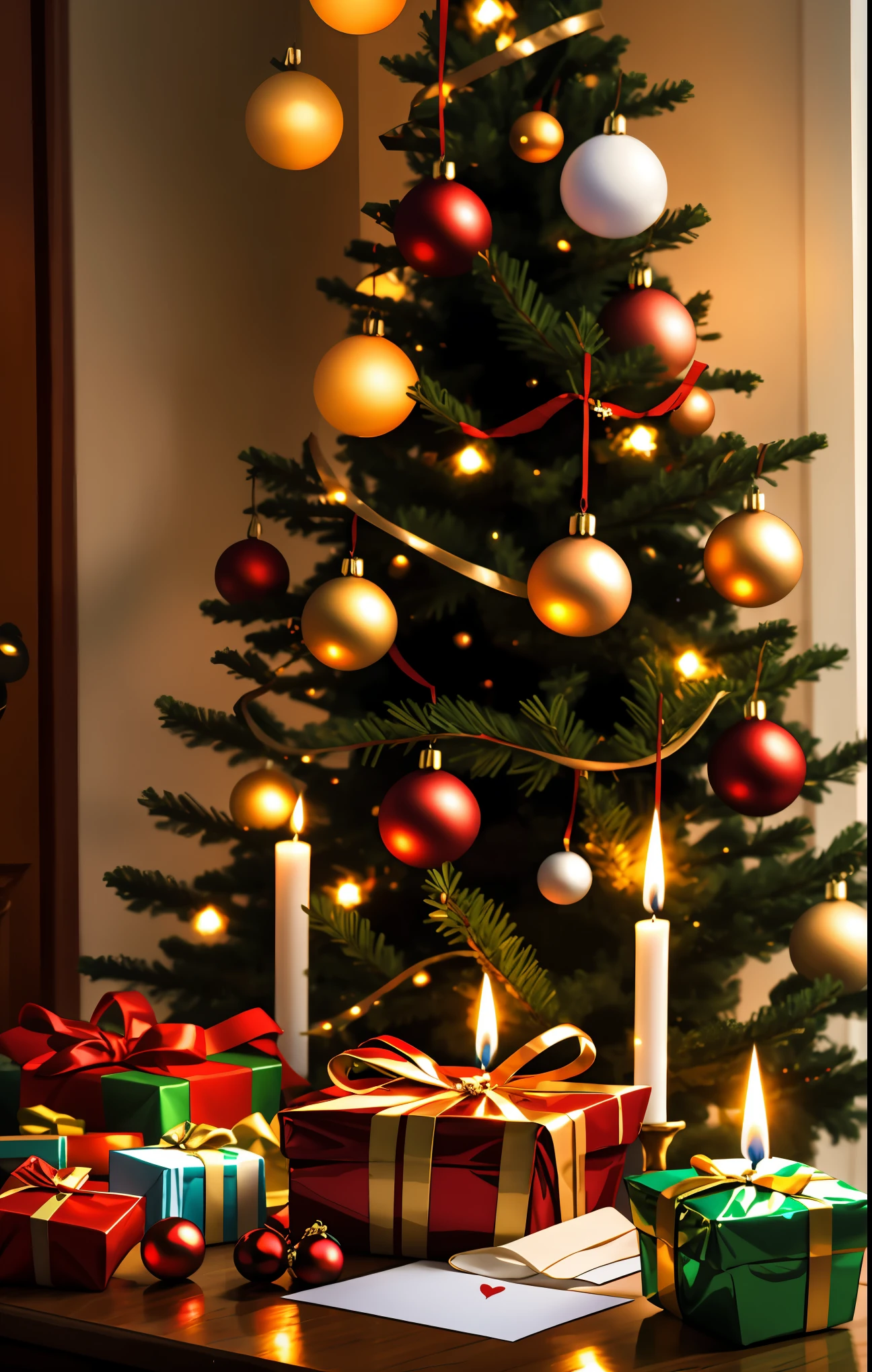 (best quality,4k,8k,highres,masterpiece:1.2),ultra-detailed,realistic,gifts,table,Christmas tree,decorations,wrapping ,bows,ribbon,presents,holiday spirit,vibrant colors,warm lighting,cozy atmosphere,toys,cards,candles,snowflakes,joyful,celebration,exquisite details,exciting surprises,shiny ornaments,sparkling tinsel,beautifully wrapped,excited children,anticipation,festive mood,magical ambiance,delightful moment,wonderful memories,family gathering,cheerful faces,Christmas magic,extravagant,abundance of presents,HDR,UHD,studio lighting,ultra-fine painting,sharp focus,physically-based rendering,professional,vivid colors,bokeh.