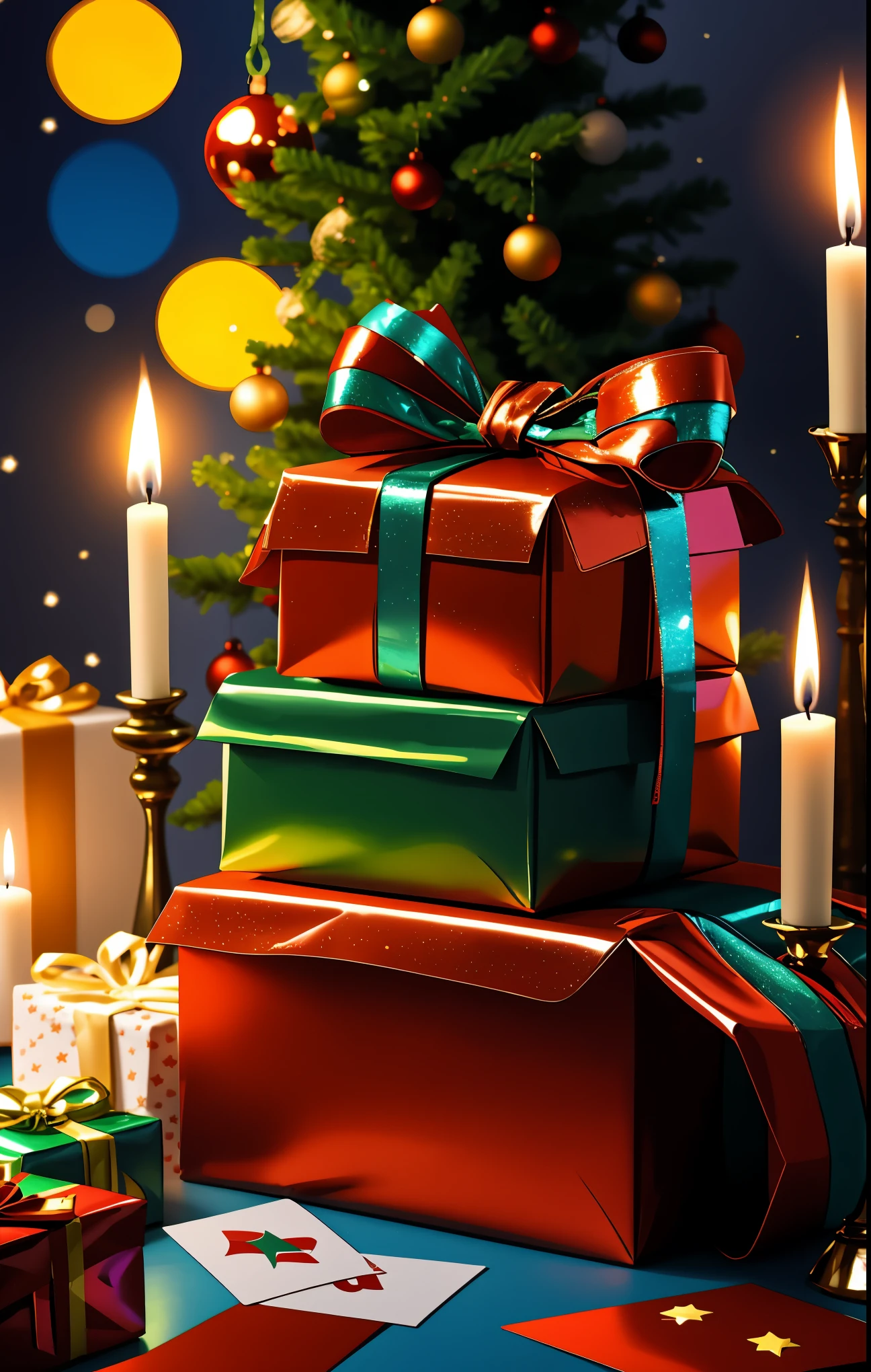 (best quality,4k,8k,highres,masterpiece:1.2),ultra-detailed,realistic,gifts,table,Christmas tree,decorations,wrapping ,bows,ribbon,presents,holiday spirit,vibrant colors,warm lighting,cozy atmosphere,toys,cards,candles,snowflakes,joyful,celebration,exquisite details,exciting surprises,shiny ornaments,sparkling tinsel,beautifully wrapped,excited children,anticipation,festive mood,magical ambiance,delightful moment,wonderful memories,family gathering,cheerful faces,Christmas magic,extravagant,abundance of presents,HDR,UHD,studio lighting,ultra-fine painting,sharp focus,physically-based rendering,professional,vivid colors,bokeh.
