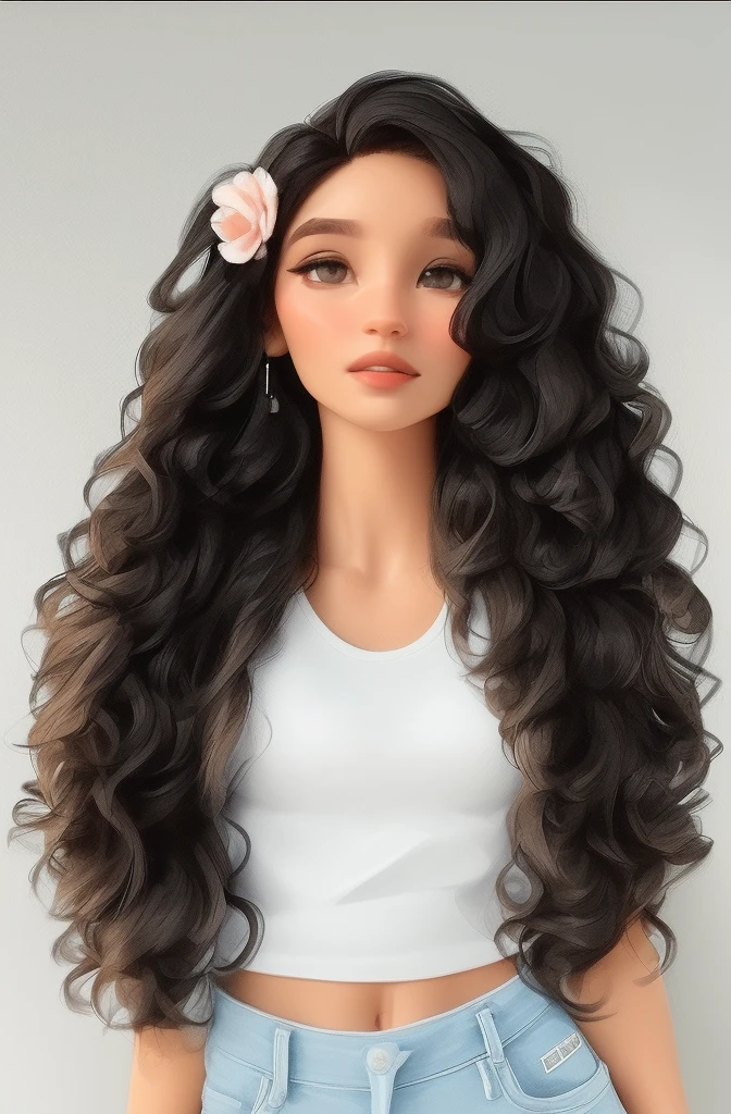 um close up de uma mulher com longos cabelos cacheados usando um top branco, preto longo cabelo encaracolado longo, longos cabelos cacheados pretos, longos cabelos cacheados pretos selvagens, longos cabelos cacheados escuros, longos cabelos negros encaracolados, cabelos longos e cacheados, cabelos longos cacheados, longos cabelos cacheados intrincados, com longos cabelos cacheados, com cacheado longo, cabelo encaracolado preto, curly middle part haircut
