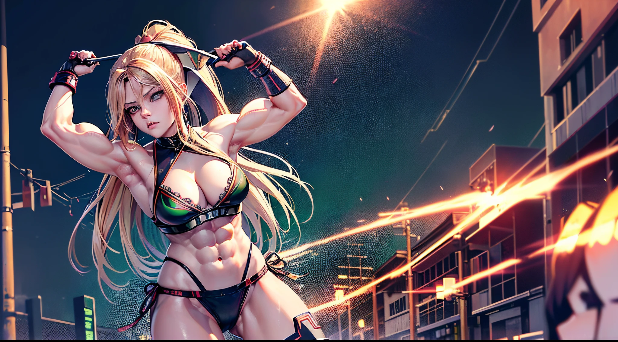 8K raw data, (fire samurai), (((Avril Lavigne))), ((super bodybuilder)), ((H-cup breasts)), ((21 years old)), fire samurai Avril Lavigne training in a street in cyberpunk Panama wearing silver and blue breastplate with green lights in model photoshoot, ((head to toe picture))