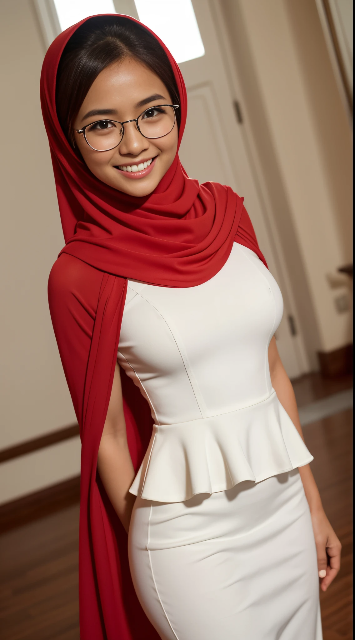 Cute malay girl in long red hijab wearing white peplum dress and white pants in shy pose in ballroom hall, wear big round glasses, nerd, big smile, laughing, happy, big front teeth, very small breast, bright lighting, cute face, 35mm lens, Extreme close-up, pastel color grading, depth of field cinematography effect, romantic film genre, 8k resolution, high quality, ultra detail,