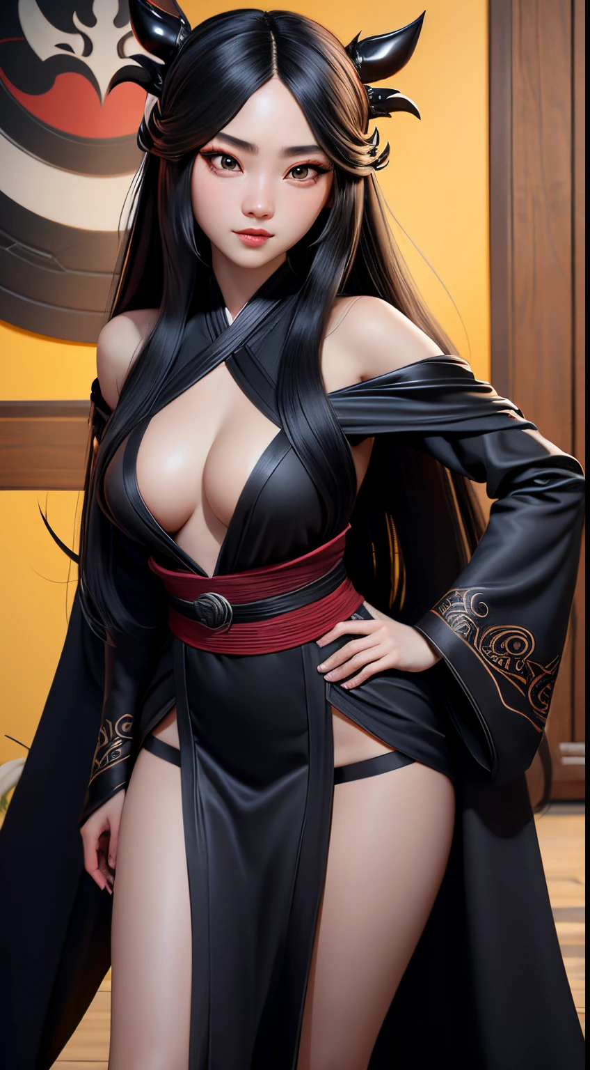 Young girl, long black hair, black eyes, beautiful hanfu, Open breasts, Symbiote, Venom, She-Venom, Masterpiece, hiquality, 4k, HD, Good detail