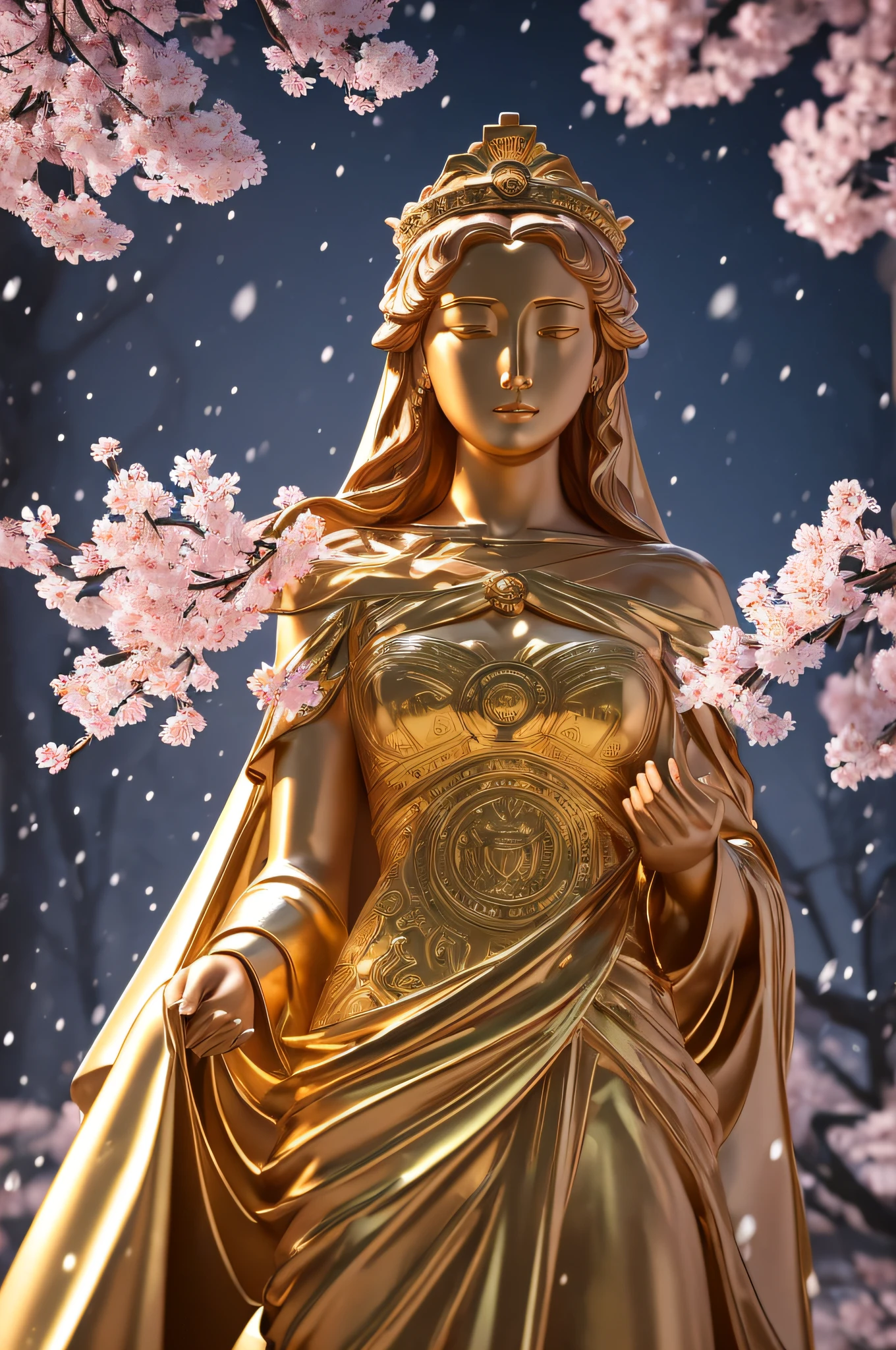 stock stoic girl,gold virgin mary statue,The upper part of the body,1 body only、 8K movie profile with Hercules style and dark background,Gold Texture(analogue:1.2)、(concept-art)、One Goddess Poster、portraitures、(3D floral human cameo)、Decoration by Alphonse Mucha、Award-winning、best qualtiy、masterpiece、Outstanding Highlights、Excellent shading、Volumetric lighting、dark themed、8K、The background is a spring cherry blossom blizzard.