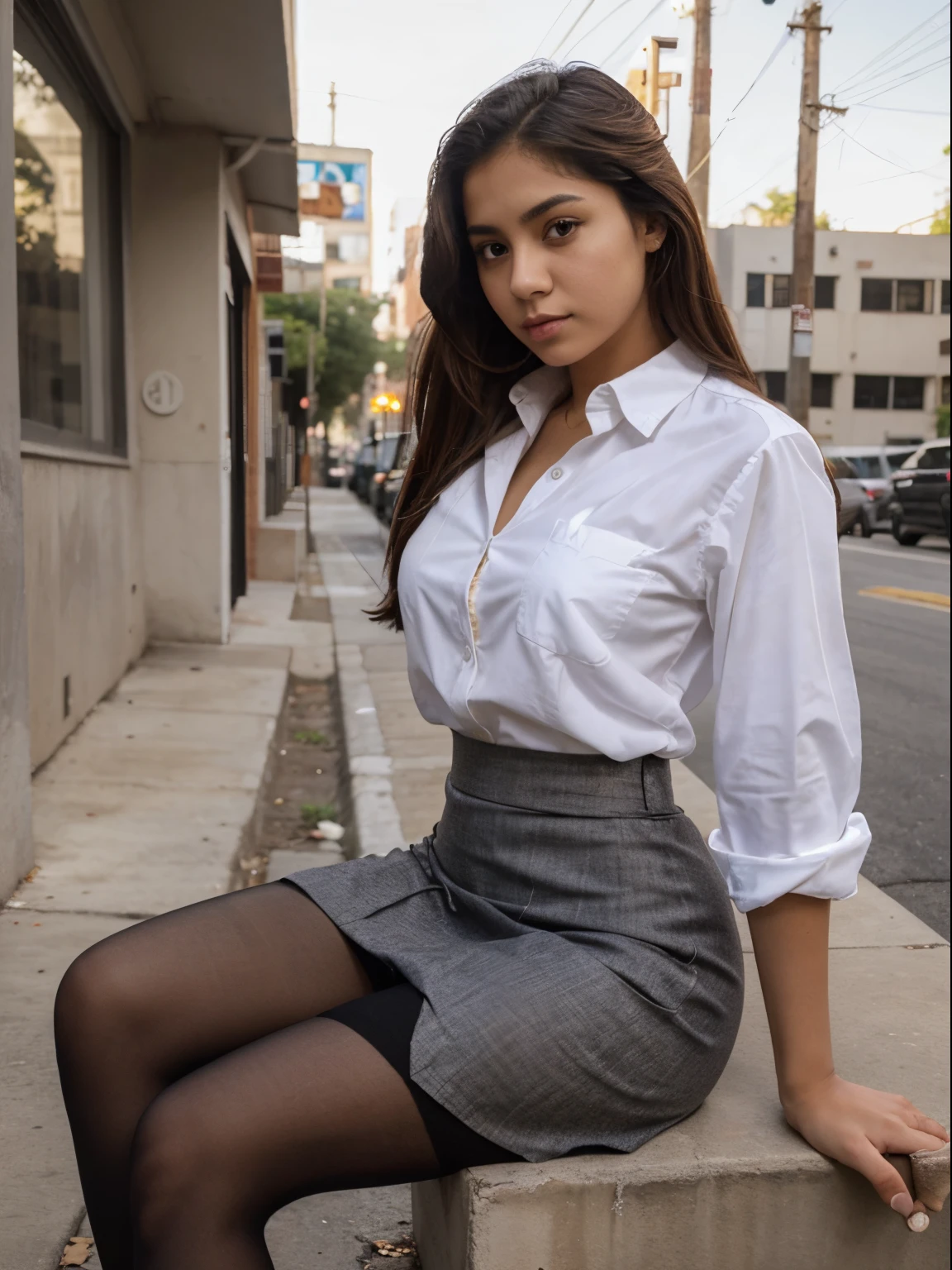 photo image, show entire body, 20 year old Latina female, wearing button down shirt, pencil skirt, pantyhose, sitting outside