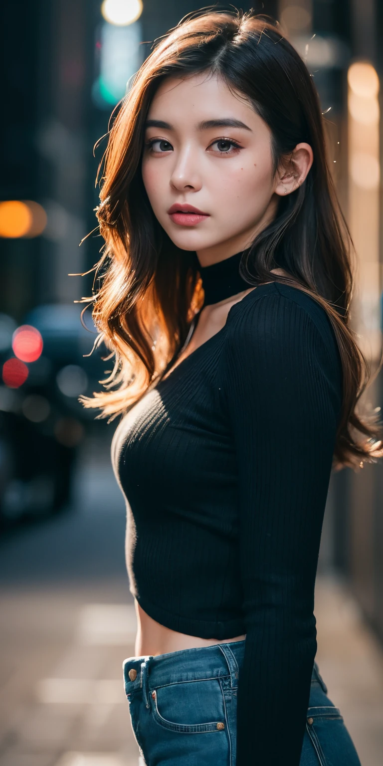 Full face portrait of a 25-year-old European girl, raw, Beautiful Woman, Semi-open strawberry lips, dimple, Looks clever., (extra long wavy brown hair), ((detailed face)), ((The surface is detailed. The skin is detailed.), pale skin, (Deep Neck High-tech Cyberpunk Series Details), Cyberpunk Megacity Environment, (cold colors), damp, damp, reflective masterpiece) (perfect proportion)(realistic photo)(bestquality) (Detailed) photographed on a Canon EOS R5, 50mm lens, F/2.8, HDR, (10) (wallpaper) (Cinematic lighting) (dramatic light) (crisp focus) (intricate), Raw Image, Raw Image, gigachad photos, posing for the camera, black jeans, Back Arm, 10 UHD, DSLR, High Quality, grain film, Fujifilm XT3