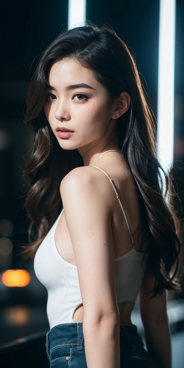 Full face portrait of a 25-year-old European girl, raw, Beautiful Woman, Semi-open strawberry lips, dimple, Looks clever., (extra long wavy brown hair), ((detailed face)), ((The surface is detailed. The skin is detailed.), pale skin, (Deep Neck High-tech Cyberpunk Series Details), Cyberpunk Megacity Environment, (cold colors), damp, damp, reflective masterpiece) (perfect proportion)(realistic photo)(bestquality)  (Detailed) photographed on a Canon EOS R5, 50mm lens, F/2.8, HDR, (10) (wallpaper) (Cinematic lighting) (dramatic light) (crisp focus) (intricate), Raw Image, Raw Image, gigachad photos, posing for the camera, black jeans, Back Arm, 10 UHD, DSLR, High Quality, grain film, Fujifilm XT3