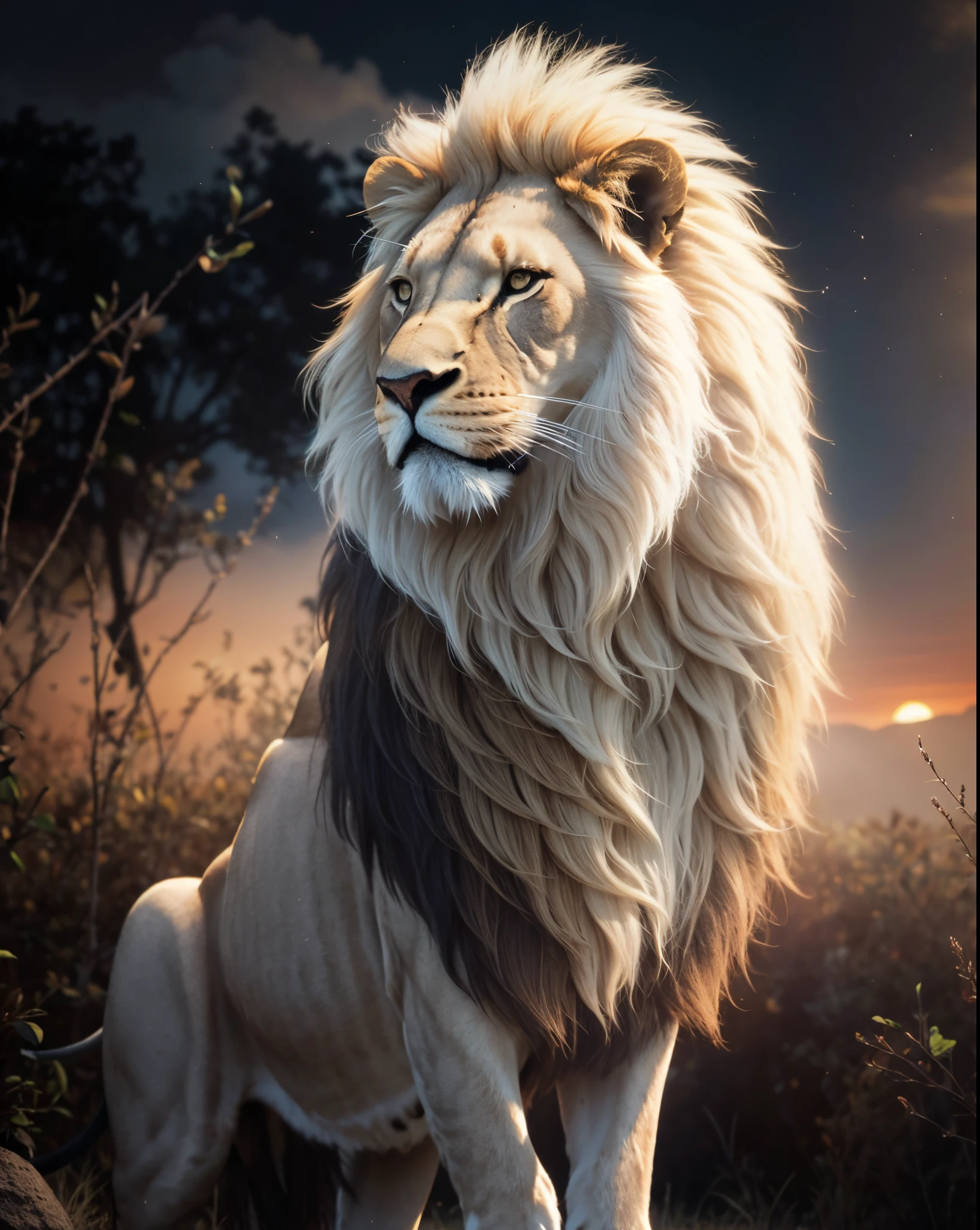 Lion, Divine Lion, naturais, Natureza, Natureza, Linda, renderizado, fotorrealista, UltraHD, 4k, texturasdetalhadas, thunders, sombras detalhadas, cores detalhadas, por do sol, sol se pondo, Sunset, Natureza Linda, Great Divine, por do sol, contraste detalhado, contraste realista, alta resolução, cores detalhadas, fogo, eletricidade, divina criatura, 8k, Detailed Realistic, 16K, 8K, HD