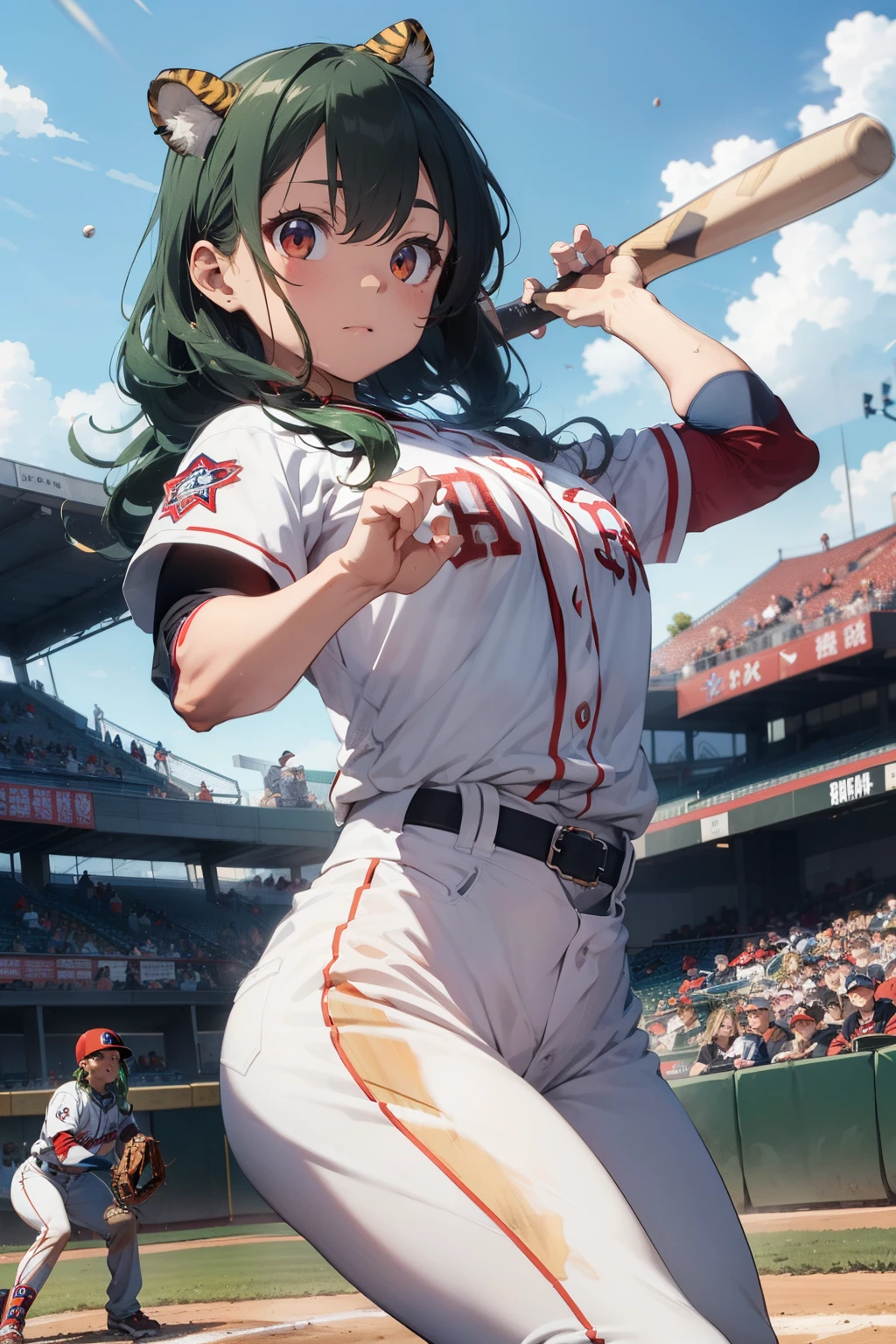 (masterpiece), (best quality), high resolution, ultra detail, photorealistic, 8K, intricate face, detailed body, detailed face, 1 girl, Beautiful girl, large breasts, narrow waist, athletic body, (long wavy hair, green hair, big red eyes, tiger ears, tiger tail), Female baseball player, baseball uniform, Hanshin Tigers, ((Swinging a baseball bat:1.3)), baseball stadium, batter box, dynamic pose,