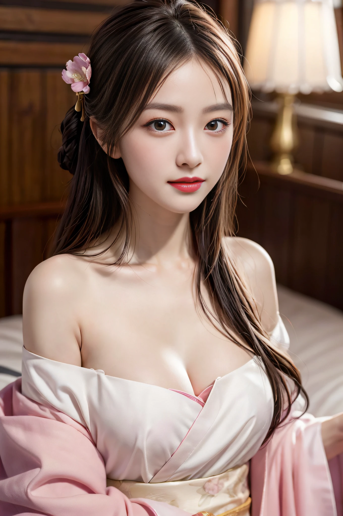 on top of bed, Best quality, ultra - detailed,超A high resolution, 8k wallpaper, A high resolution, 1080p，Perfectcomposition, Beautiful black eyes,  Natural lip color，Dignified and sexy,ssmile、looking at the camera in、A 20-year-old girl、is a perfect face，Looks a lot like actor Li Qin，Chinese classical temperament beauty，middlebreast，There is cleavage，（Wearing exquisite pink Hanfu 1.3），(Extremely delicate1.1), (Perfect details: 1.1),tmasterpiece，Wear peach blossom jewelry，hair curled up，Fragrant shoulders，鎖骨，Ultimate light and shadow