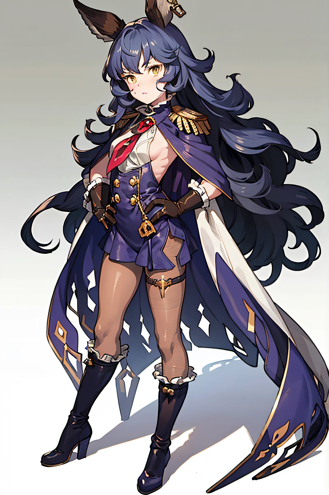 classic_ferry, ((masterpiece)), (best quality), (detailed), 1girl, long white hair, facial mark, girl, solo, long hair, holding, standing, full body, pantyhose, cape, knee boots, purple gloves, purple footwear,hands on hips,epaulettes, best quality, masterpiece, highres, solo, yellow eyes,
