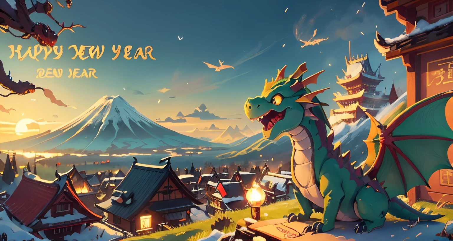 (dragon)，early morning, drak,Flying Dragon,Oriental Dragon,(New Year's card)，adolable，sunrises,(Happy New Year:1.5),Spring, Mt fuji,outdoor sunrise