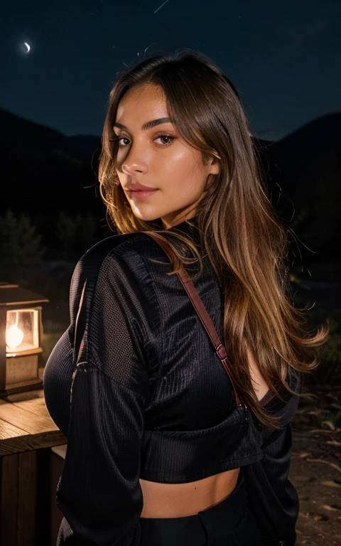 1 woman ((selfie in the upper body, content)), tmasterpiece, beste-Qualit, Ultradetalhada, soli, exterior, (the night), mountains, Nature, (Stars, ....lua) business, content, backpack, sleeping bag, camping stove, pays, pays, Red Checkered Long Sleeve Shirt, lantern, woods, Pierre, riju, woods, Smoke, ombre, contrast, clean sky, style of , (warm hue, warm tone: 1,2), a closeup of a, cutscene, Side lighting, ultra highres, best shade, .Raw, upper-body, wearing lingerie, seductive gaze, Huge-breasts, 4k, Well behaved student