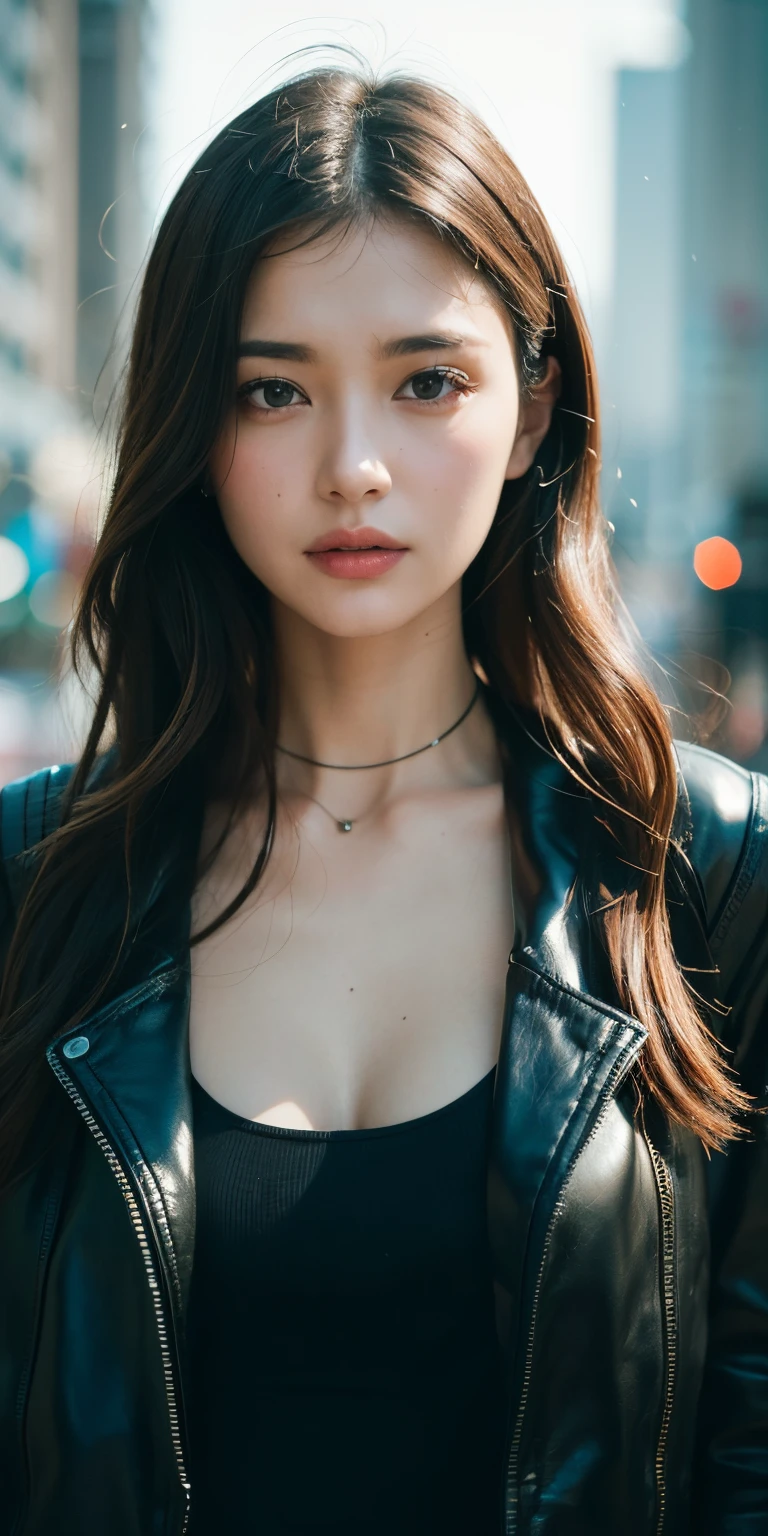 Full face portrait of a 25-year-old European girl, raw, Beautiful Woman, Semi-open strawberry lips, dimple, Looks clever., (extra long wavy brown hair), ((detailed face)), ((The surface is detailed. The skin is detailed.), pale skin, (Deep Neck High-tech Cyberpunk Series Details), Cyberpunk Megacity Environment, (cold colors), damp, damp, reflective masterpiece) (perfect proportion)(realistic photo)(bestquality) (Detailed) photographed on a Canon EOS R5, 50mm lens, F/2.8, HDR, (10) (wallpaper) (Cinematic lighting) (dramatic light) (crisp focus) (intricate), Raw Image, Raw Image, gigachad photos, posing for the camera, black jeans, Back Arm, 10 UHD, DSLR, High Quality, grain film, Fujifilm XT3
