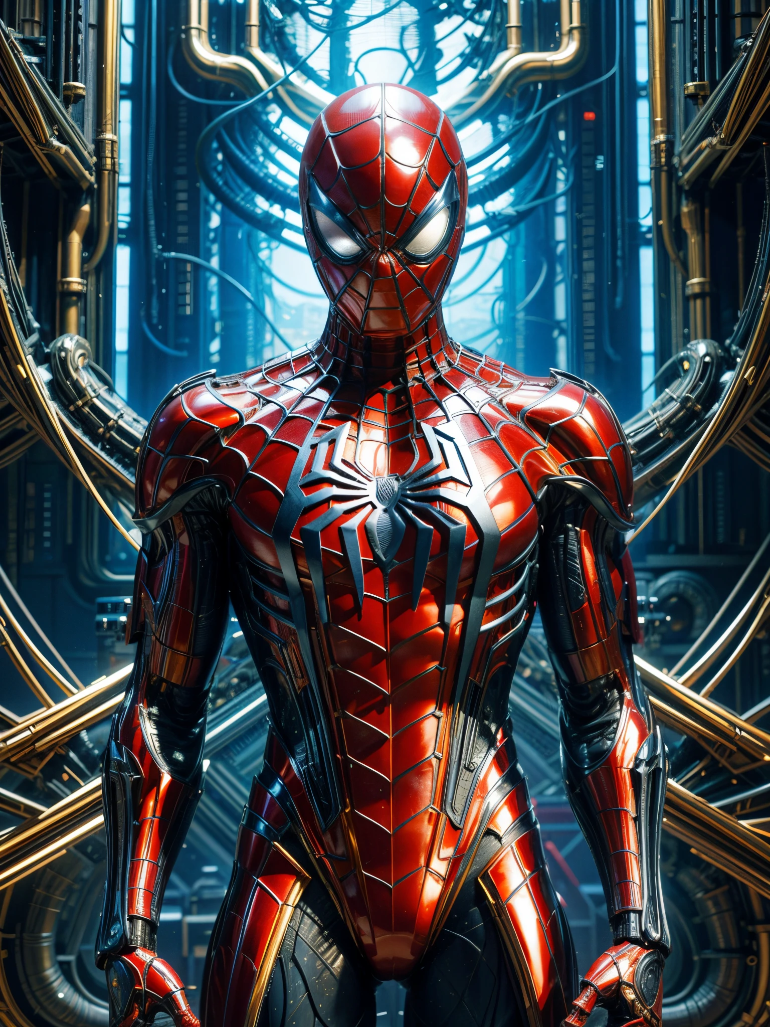 Spider-Man in a futuristic suit stands in a futuristic room., Spider-Man Futuristic Style, Highly detailed spider, Beautiful biomechanics, (Realistic face details), H. R. Giger, intricate detailed, very high details, photo-hyper-realistic, 8k, UHD, hyperdetailed, (Dynamic Poses:1.4),