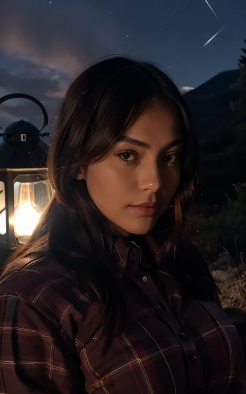 1 woman ((selfie in the upper body, content)), tmasterpiece, beste-Qualit, Ultradetalhada, soli, exterior, (the night), mountains, Nature, (Stars, ....lua) business, content, backpack, sleeping bag, camping stove, pays, pays, Red Checkered Long Sleeve Shirt, lantern, woods, Pierre, riju, woods, Smoke, ombre, contrast, clean sky, style of , (warm hue, warm tone: 1,2), a closeup of a, cutscene, Side lighting, ultra highres, best shade, .Raw, upper-body, wearing lingerie, seductive gaze, Huge-breasts, 4k, Well behaved student