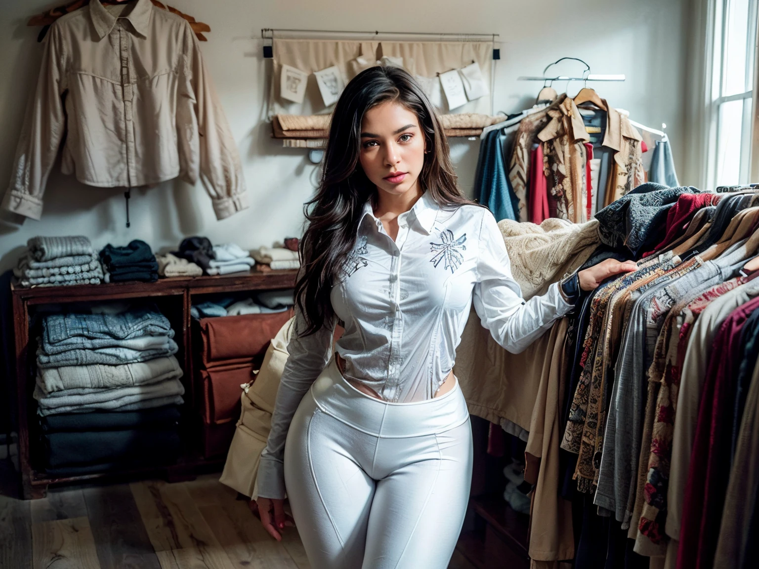 photo from top view,an ame full body to her cowboy boots, an American female country music singer standing in a bright colorful boutique, ((she is dressed in tight thirst trap leggings, a crisp white cowboy collared shirt with rodeo flourishes pattern:1.4)), (high end interior:0.6), the floor has leather belts, dark leather armchair, , loving, ,((her tidy dark auburn short hair:0.8)), every detail captured with the highest quality Leica camera she owns, it captures every detail and deepens the shadows,, colorful, lovely women,American, a relaxed moment, realistic photo, (54% of photo is black in drawing:1.4), (detailed fabrics:1.2), (soft warm shop light:1.7), (spotlight on her hips and thighs and boots:1.1) ,(relaxed intimate photoshoot), cozy relaxed, catching us, beautiful hands, gorgeous soft warm lighting:1.4, ((high contrast)), (deep, darkest shadows), (shadow details:1.3), ((taken using Leica camera, aperture: f/2)) , hyper-realistic skin, pores, scar, mole, relaxed moment, natural light glow, (romantic light:1.2), radiant dark skin, perfect relaxed hands, perfect fingers, a work of art, beautiful composition, golden ratio, contrast, inspiring, (highest quality fabric texture), every detail,Fine facial features – (Highest Quality) ,Leica camera film, High quality ○○ detailed – ○○ details ultra detailed(Ultra-fine ), Photorealistic