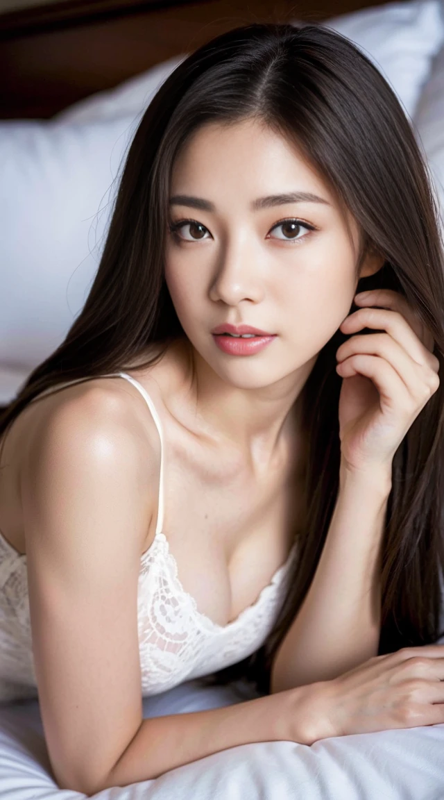 dark brown hair、Light brown eyes、The face of the Japan actress、 Lady、looks like him'i'i'i'i'i'i'i'i'i'i'I'm about 40 years old、(intricate-detail:1.2)、(top-quality:1.4)、 (超A high resolution:1.2)、超A high resolution、(A detailed eye)、(detailed facial features)、nffsw、8K resolution、D-cup size breasts、length hair、i'i'i'i'i'i'i'i'lying on the bed、White bed、wide sheets、、White One Piece Lounge Set Leisure Wear,