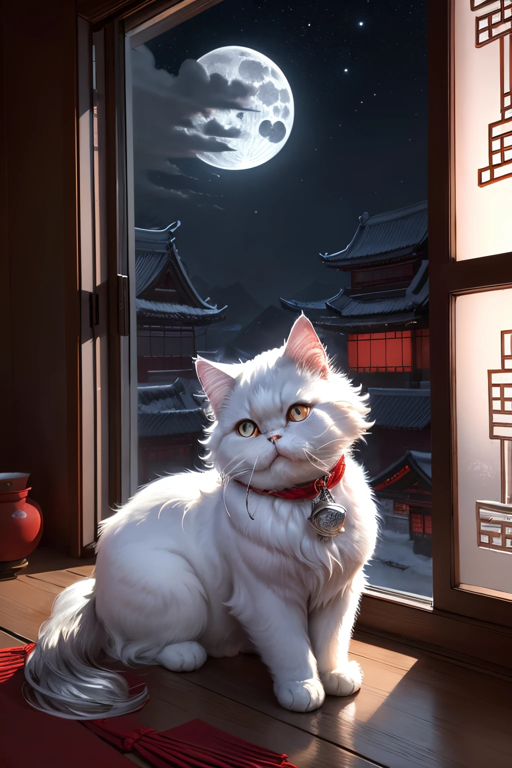 4K,Chinese traditional style ,Bright moonlight spills on the windows, The ground seems to be covered with a layer of silver frost. A white Persian cat,There is a red rope around the neck,On window sills,Look up at the sky, The moon shines on the windowsill, miss my distant hometown.