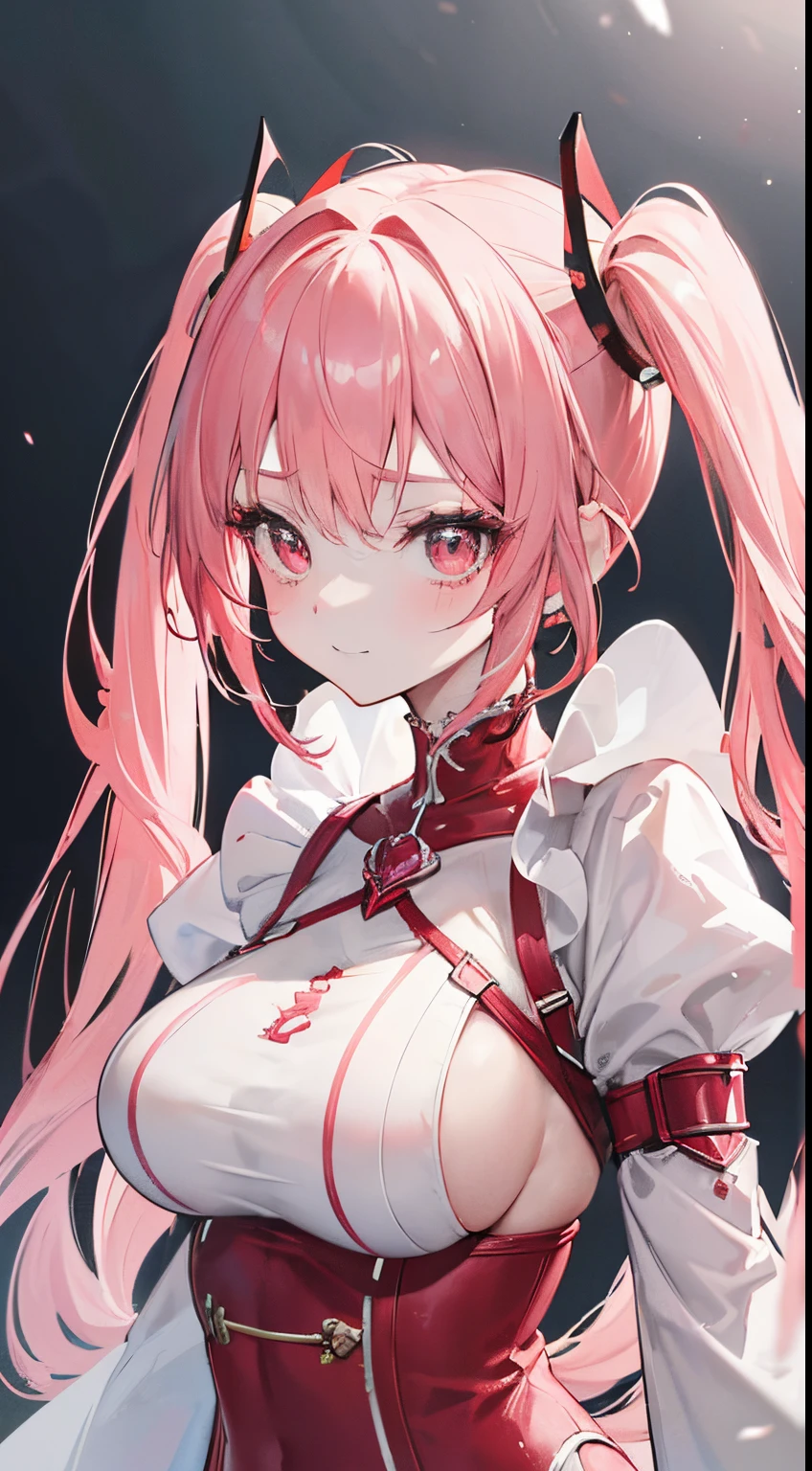 18 year old beautiful girl, Red big eyes,  Petite and slender、slightly large breast, Pink hair,)),(loose twintail hair), in 8K, of the highest quality, (Highly detailed head: 1.0), (Very detailed face: 1.0), (very detail hair: 1.0),(Obscene white costume with high exposure), Detailed official artwork, anime moe art style, clean detailed anime art, Cool smile