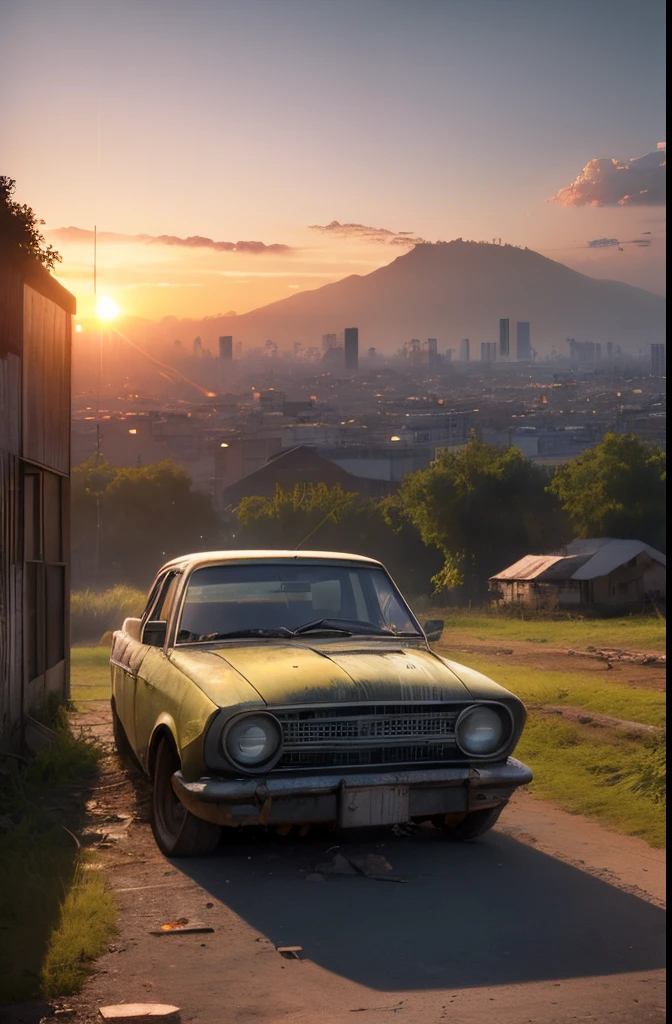 (best quality, HDR, ultra-detalhado, Realistic:1.37), Patio com grama. Cidade abandonada, Abandoned buildings, incomplete constructions, Car Cemetery, carros abandonados, Greenery next to buildings, Abandoned vehicles strewn and piled up, sun sunset. Estilo anime.