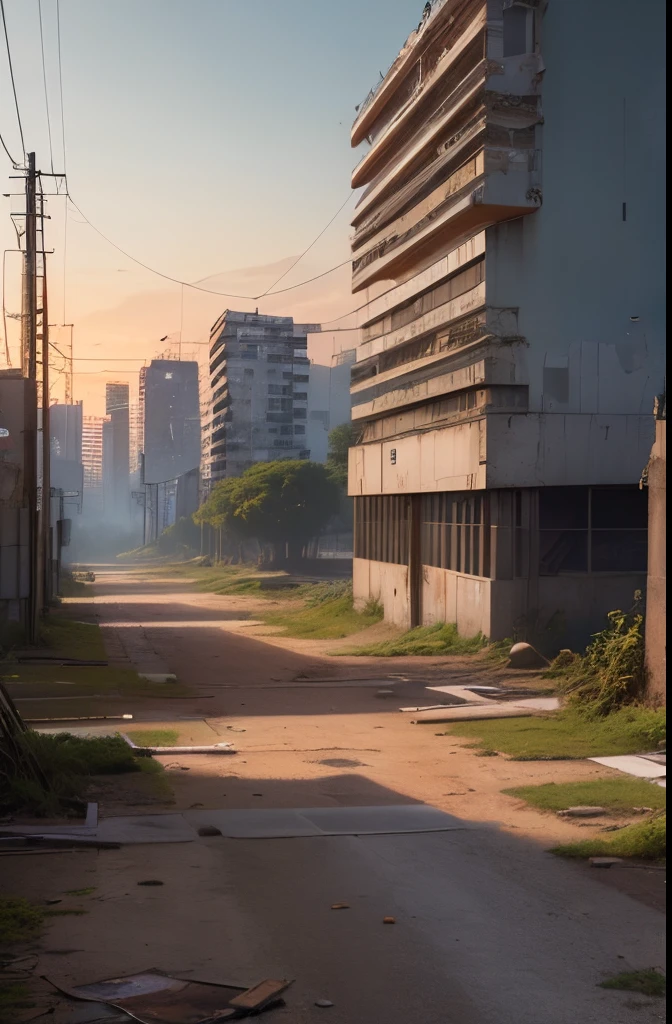 (best quality, HDR, ultra-detalhado, Realistic:1.37), Patio com grama. Cidade abandonada, Abandoned buildings, incomplete constructions, Car Cemetery, carros abandonados, Greenery next to buildings, Abandoned vehicles strewn and piled up, sun sunset. Estilo anime.