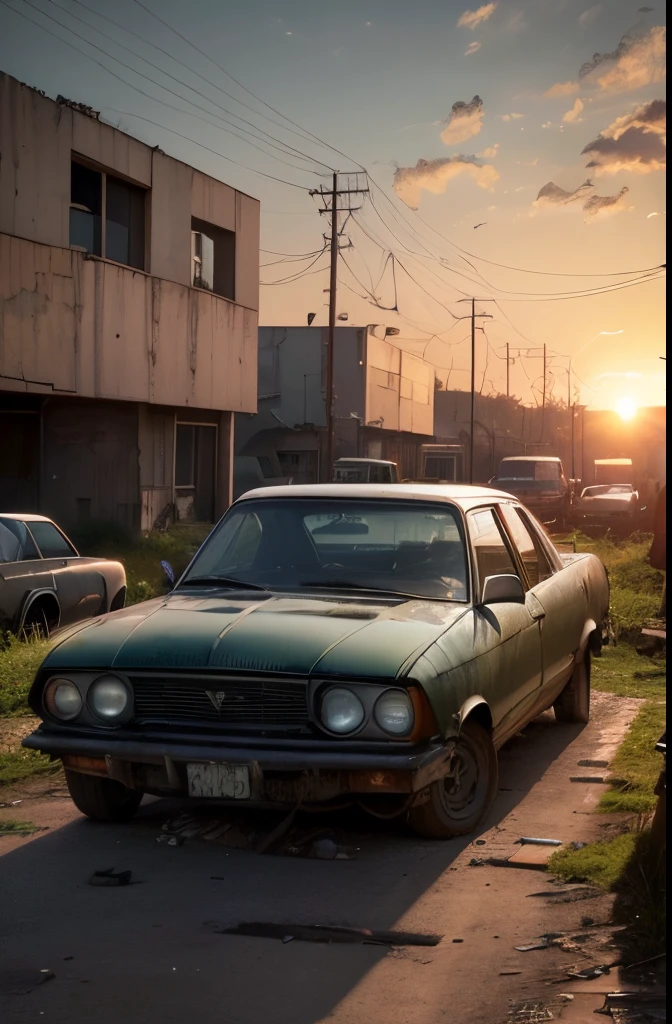 (best quality, HDR, ultra-detalhado, Realistic:1.37), Car Cemetery, muitos carros. Patio with grass. cidade abandonada, abandoned buildings, incomplete constructions, carros abandonados, Greenery next to buildings, Abandoned vehicles strewn and piled up, sun sunset. Estilo anime.