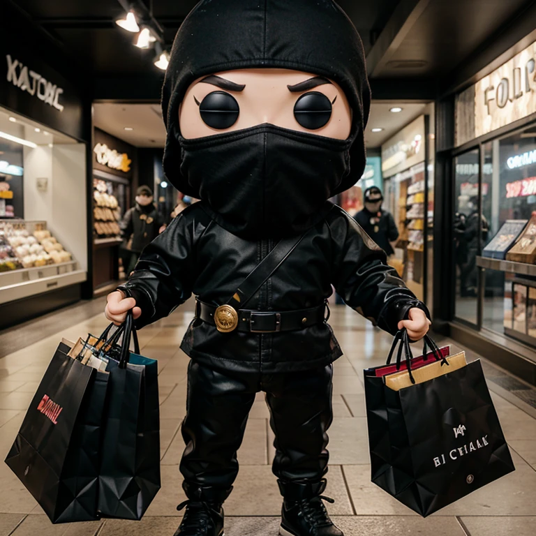 create a funko pop style doll of a ninja dressed in black with a balaclava and he is holding shopping mall bags in one hand and a katana in the other