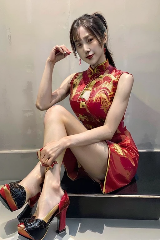 best quality, masterpiece, beautiful, (8K, photorealistic:1.3), (ultra high res, finely detailed:1.5), ((correct anatomy:1.4)), pov, indoor, studio, 1 girl, Japanese teen, solo, (full body:1.4), , brown hair, (ponytail:1.2), extremely detailed skin, beautifully dark eyes, oil, extremely detailed nose, (tall nose:1.2), extremely detailed lips, (light smile:1.3), ((red china dress, sleeveless:1.5)), ((sitting on a chair, crossed legs:1.2)), ((slender:1.4)), ((beautiful breast:1.3)), ((high heel shoes, black shoes:1.5)),