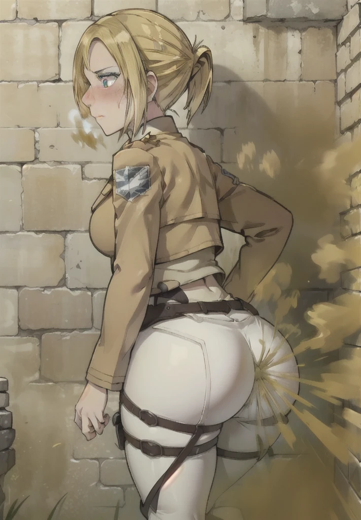 ((annie leonhart)),((velocity)),Attacked by farts, (((Women stand)),velocity,((on top of the giant wall)),((One Woman)),((fart while stand above the wall),her butt facing screen,fullbody,blue eye,blushing)),(masterpiece:1.2、top-quality)、(the Extremely Detailed CG Unity 8K Wallpapers、ultra-detailliert、Best Shadows)、(细致背景)、(The best lighting、extremely delicate and beautiful)、depth of fields、1girl in、独奏 ,Women wear scout outfit,Ephemeral,,(blonde),(scout regiment outfit)),((((Girl embarassed when she smells the bad smell of farts)))),outfit like a scout regiment,((((profile facing diagonally)))),((i'I closed my mouth with hand feel embarassed...)),((massive fart)),((fart text))
