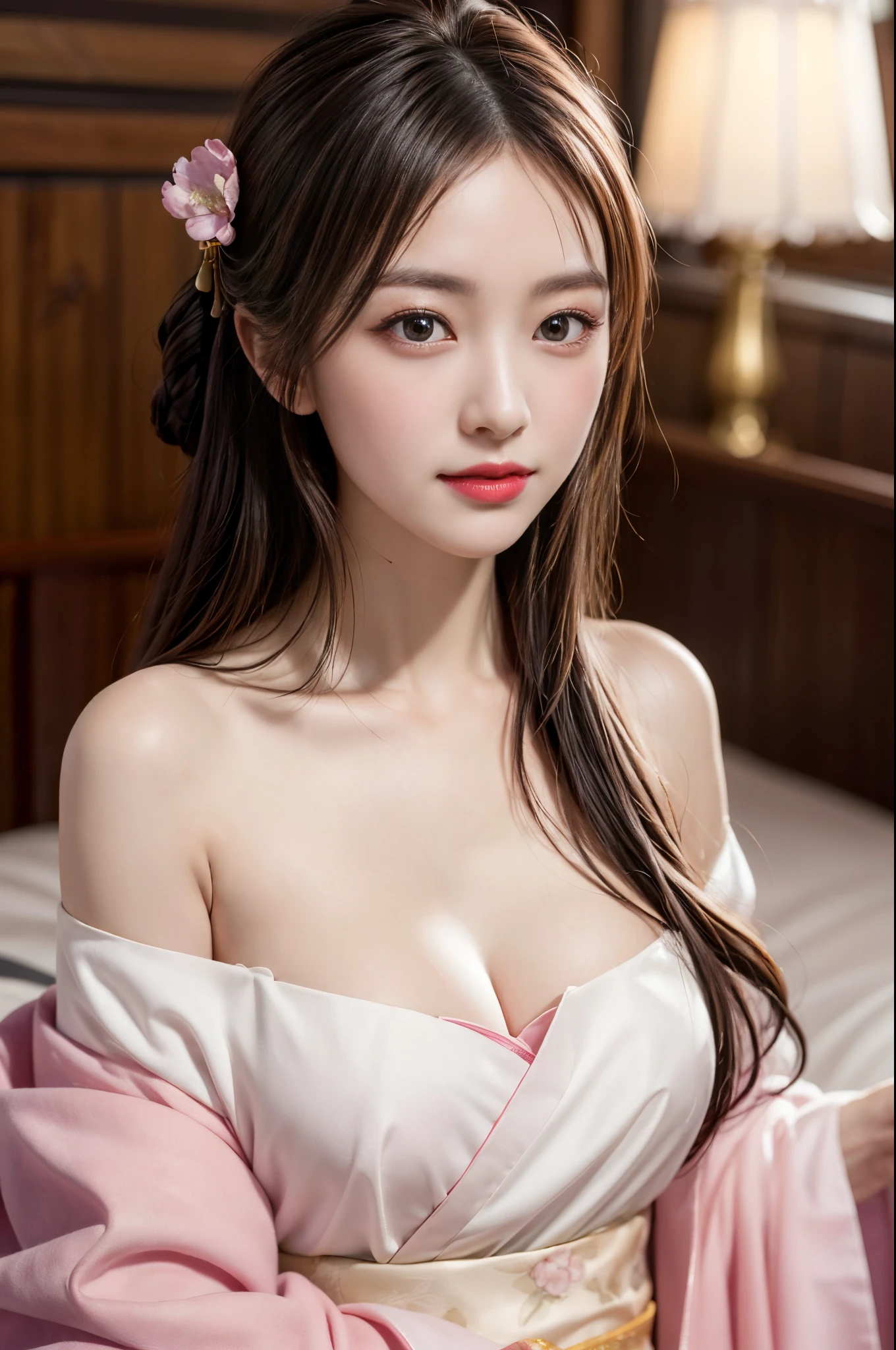 on top of the bed, Best quality at best, ultra - detailed,超A high resolution, 8k wallpaper, A high resolution, 1080p,Perfectcomposition, Beautiful black eyes, Natural lip color,Dignified and sexy,ssmile、looking at the camera in、A 20-year-old girl、s the perfect face,Looks a lot like actor Li Qin,Chinese classical temperament beauty,middlebreast,has cleavage,(Wearing exquisite pink Hanfu 1.3),(Extremely delicate1.1), (Perfect details: 1.1),tmasterpiece,Wear peach blossom jewelry,Hair coiled,Fragrant shoulders,鎖骨,Ultimate light and shadow