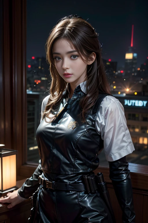 1girll, (photorealistic portrait)++, beautiful light, Masute pieces++, bestquality++, Realistic, Full body portrait、frombelow, Real picture, intricate detailed, deep depth of field, 1 girl, female soldier with short brown hair、sniper rifle handle, white military uniform, bulletproof vest, holding an assault rifle, m., In the city at night, Very detailed, perfect face, Blue Eyes, beautiful lips, Colossal、Tighten the buttocks..、, small waist, Tall, K-pop idol, FujifilmXT3 Film, Take beautiful, professional photos:by Ed Blinkey, Atey Ghailan, by Ghibli Studios, author:Jeremy Mann, Greg Manchess, Antonio Moro, Trends in Artstationh, trending on CGSociety, Convoluted , high-detail , crisp focus, impressive, Mid-Journey and Realist Art by Greg Rutkowski, Original photo, 8k UHD