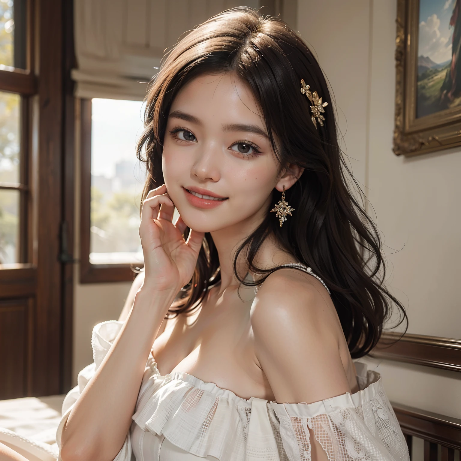 best quality, masterpiece, ultra high res, photorealistic, 1girl, offshoulder, smile, dress