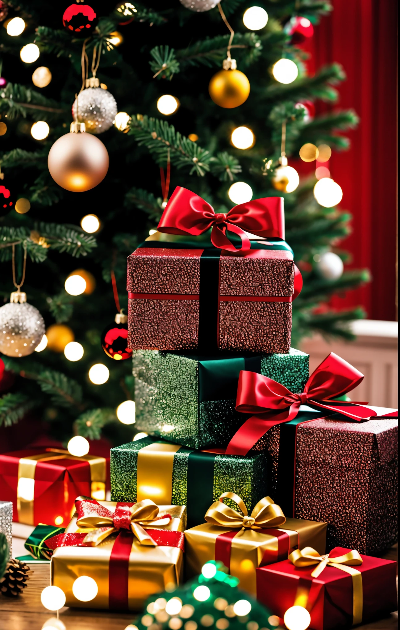 (best quality,4k,8k,highres,masterpiece:1.2),ultra-detailed,realistic,gifts,table,Christmas tree,decorations,wrapping ,bows,ribbon,presents,holiday spirit,vibrant colors,warm lighting,cozy atmosphere,toys,cards,candles,snowflakes,joyful,celebration,exquisite details,exciting surprises,shiny ornaments,sparkling tinsel,beautifully wrapped,excited children,anticipation,festive mood,magical ambiance,delightful moment,wonderful memories,family gathering,cheerful faces,Christmas magic,extravagant,abundance of presents,HDR,UHD,studio lighting,ultra-fine painting,sharp focus,physically-based rendering,professional,vivid colors,bokeh.