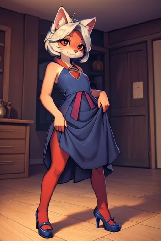 small cat, red fur, bedroom floor, standing, high heels, small, blue dress