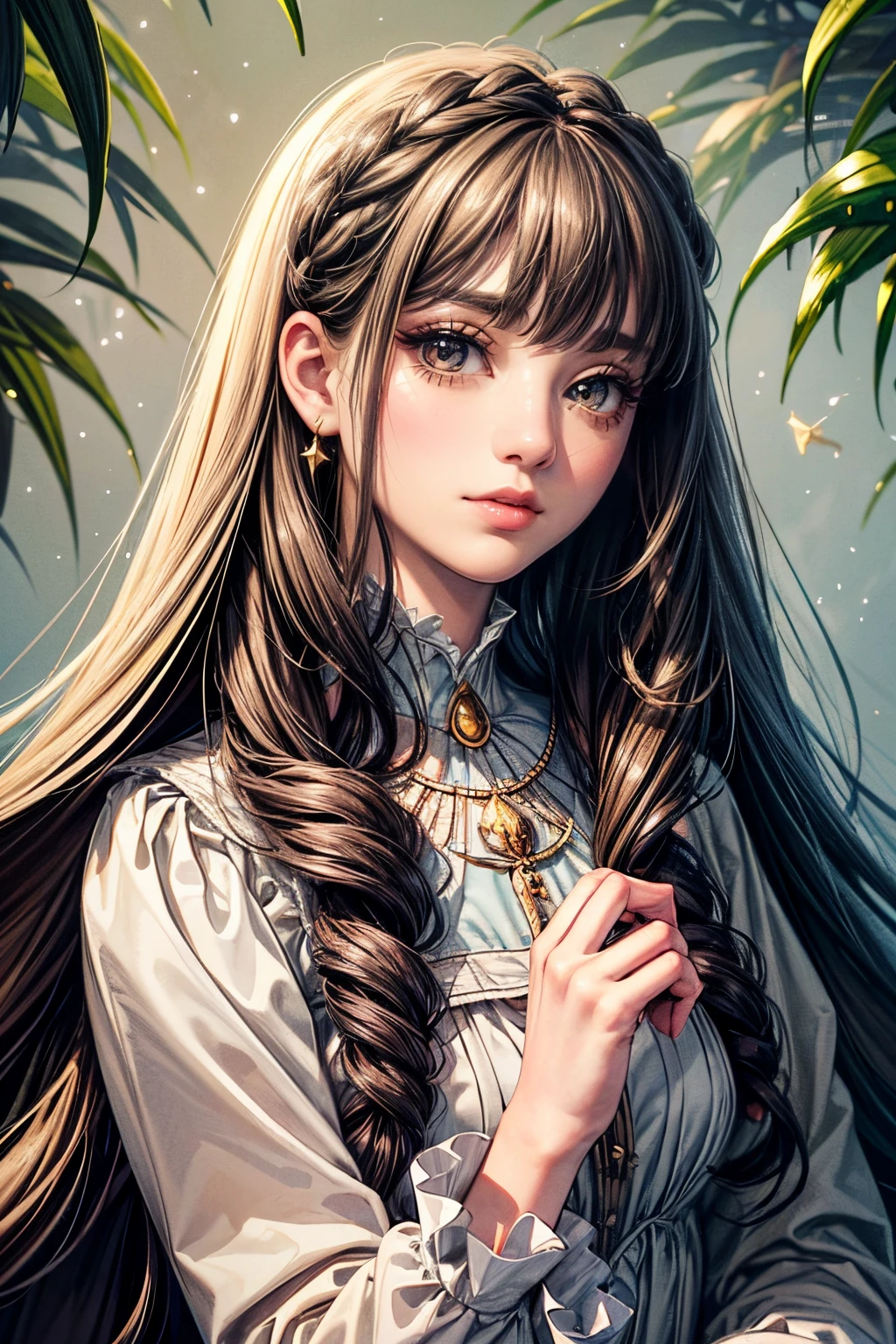 (best quality,8k,CG),detailed upper body,lonely girl,floral forest background,detailed facial features,elegant long curly hair,almond-shaped big eyes,detailed eye makeup,long eyelashes,twinkling stars,exquisite lip details,soft and harmonious style