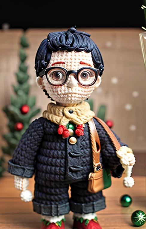 Woolen doll man, short black hair, wear glasses, Christmas clothes. Happy holidays