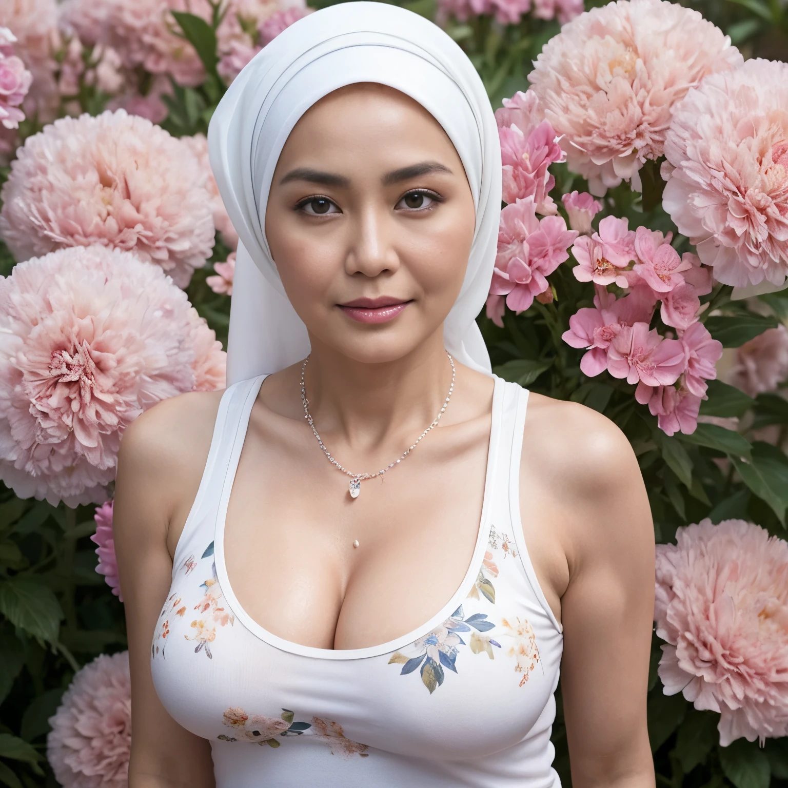 46 Years old, Indonesian mature woman, wearing Hijab, white skin like porcelain, Perfect body, Full body, natural Gigantic mature breast, Hard Nipple Erection, gorgeous eyes, Soft smile, wear a Tank top Floral Pattern, Tight Tank Top, Wet Tank Top, Sweaty body, Heart necklace, Breast about to burst out