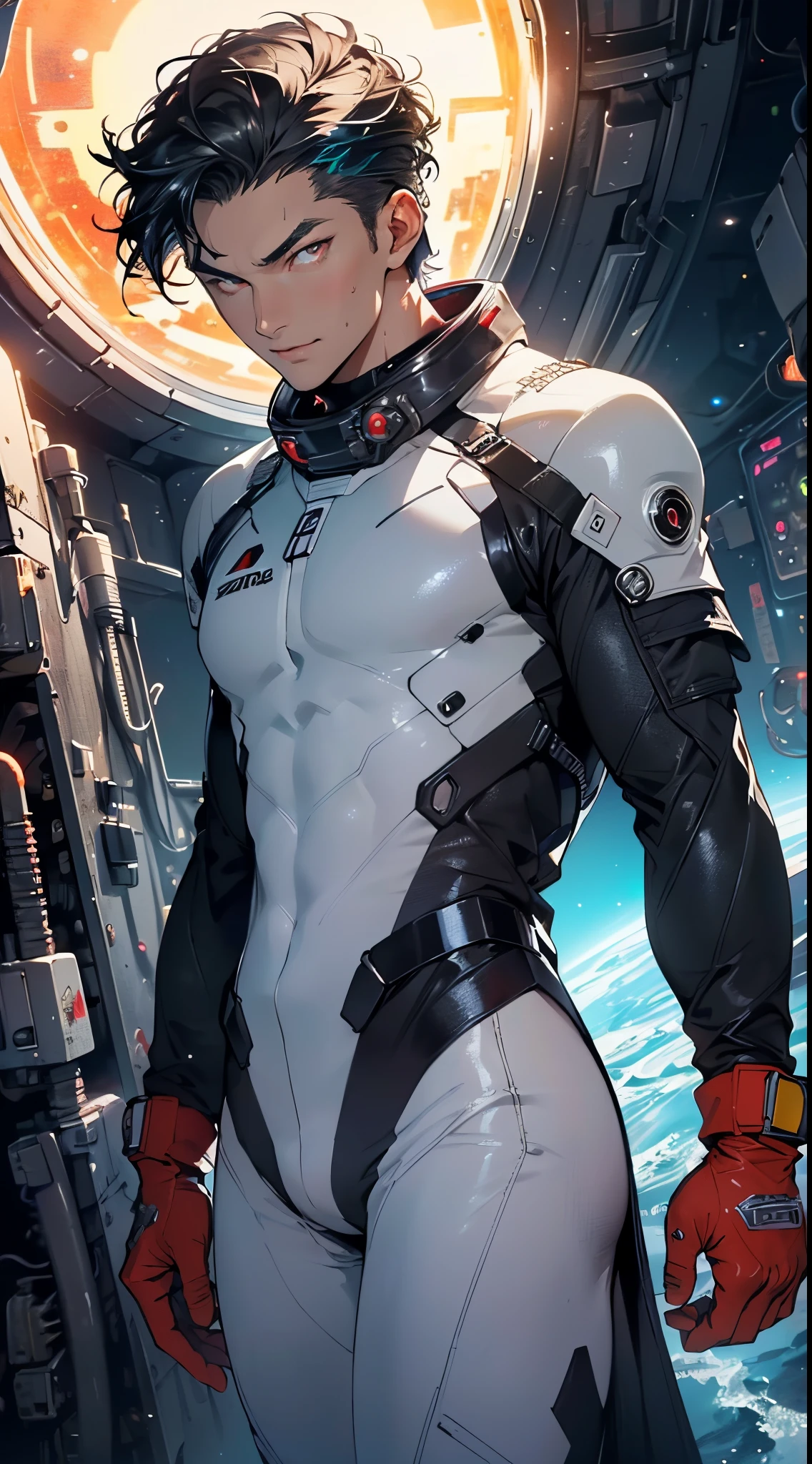 (man:1.5),1 man,space adventure man,(((1man))),
(((1male,man:1.5,handsome man,male,male gender:1.5,male focus))),macho man,
((large black hair,disheveled hair,black hair,slicked hair)),(((lustrous skin:1.5,tanned skin,bright skin: 1.5,skin tanned,shiny skin,very shiny skin,shiny body,illuminated skin))),(((red_eyes:1.2))),intricate eyes,beautiful detailed eyes,symmetrical eyes,man chest,handsome face,((muscular,muscular man)),(((detailed face))),
alluring look,nsfw,
space suit pants,((bulge in pants)),((space suit outfit, red space suit,short sleeve spacesuit)),(wearing a space suit outfit:1.3,space suit clothes),((wet clothes,intricate outfit,intricate clothes)),
(dynamic pose:1.0),solo focus,((evil smile,evil look)),(centered,scale to fit dimensions,Rule of thirds),
cyberpunk city by the ocean at night, with bright neon signs and dark stormy clouds and puddles, scenery:1.25,nighttime, starry night, cosmos,Very dark night that makes the neon lights stand out, very bright neon lights,nighttime, starry night, cosmos,
artistic photography,(photography taken by sldr),highres, sharp focus,(ultra detailed, extremely detailed), (photorealistic artwork:1.37),(extremely detailed CG unity 8k wallpaper),((synthwave background theme)),(((vibrant colors))),intricate,(intricate background),(masterpiece),(best quality),photo realistic,analog style,((intricate detail)),(((realism))),