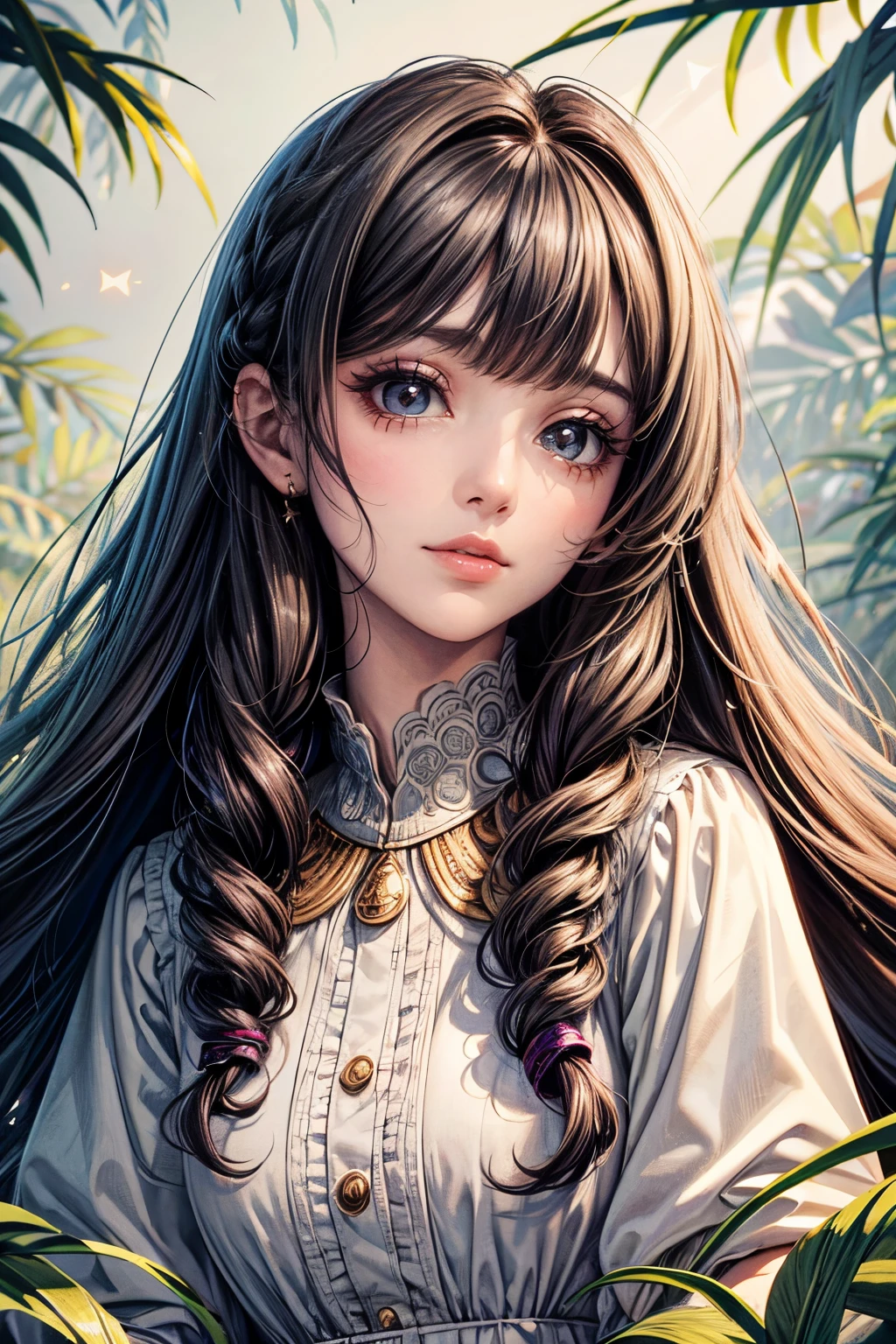 (best quality,8k,CG),detailed upper body,lonely girl,floral forest background,detailed facial features,elegant long curly hair,almond-shaped big eyes,detailed eye makeup,long eyelashes,twinkling stars,exquisite lip details,soft and harmonious style