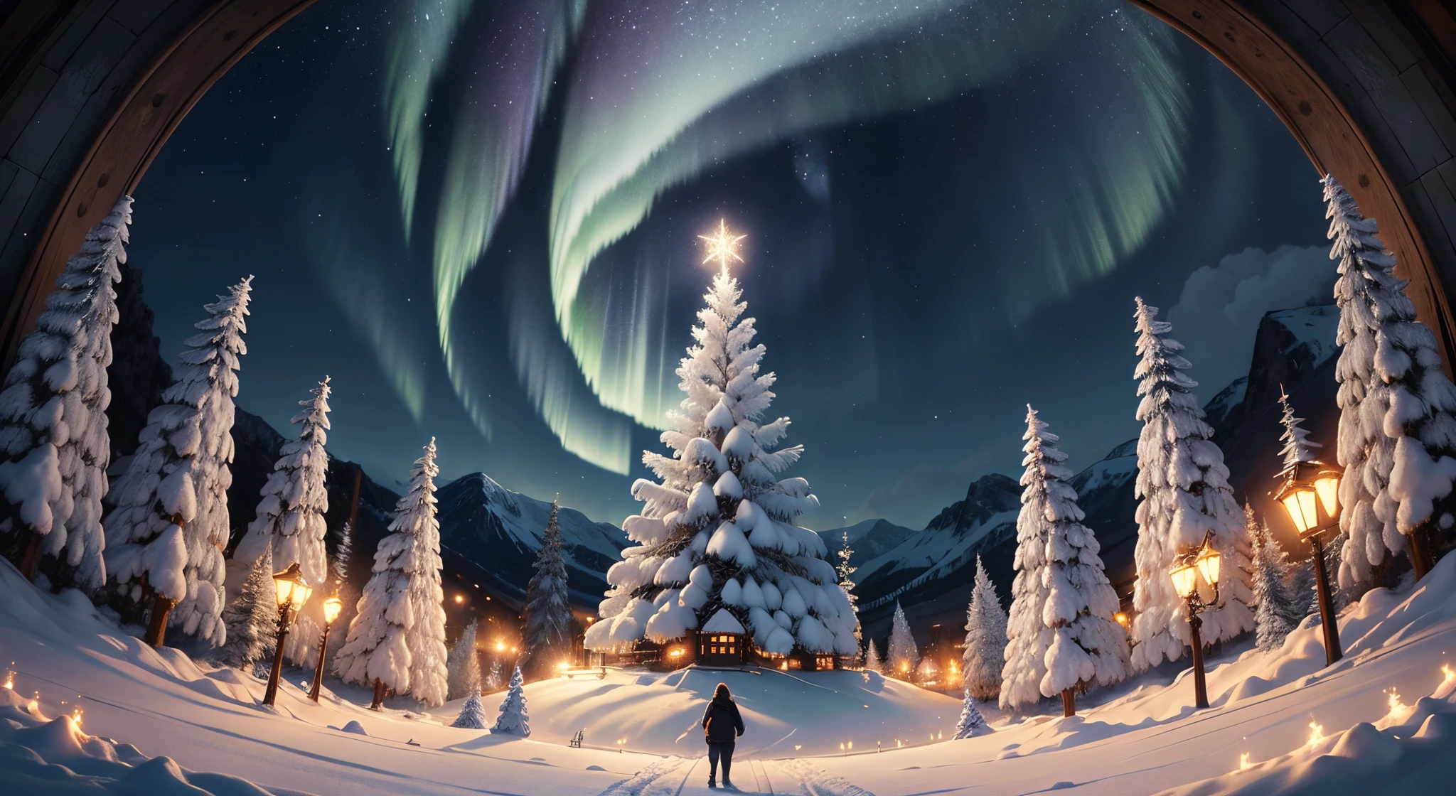 Winter Wonderland. The largest winter light amusement park, house in the trees.huge snowflakes in decoration , A landscape of winter wonders, snowy landscape, vibrant winter colors, crystal clear , sparkling snowflakes, comfortable winter clothing, happy laughter, playful snowball fights, mystical northern lights, snowy trees, peaceful silence, icy breath, hot chocolate, skating, sledding on the hills, intricate , sparkling stars, peaceful winter nights.