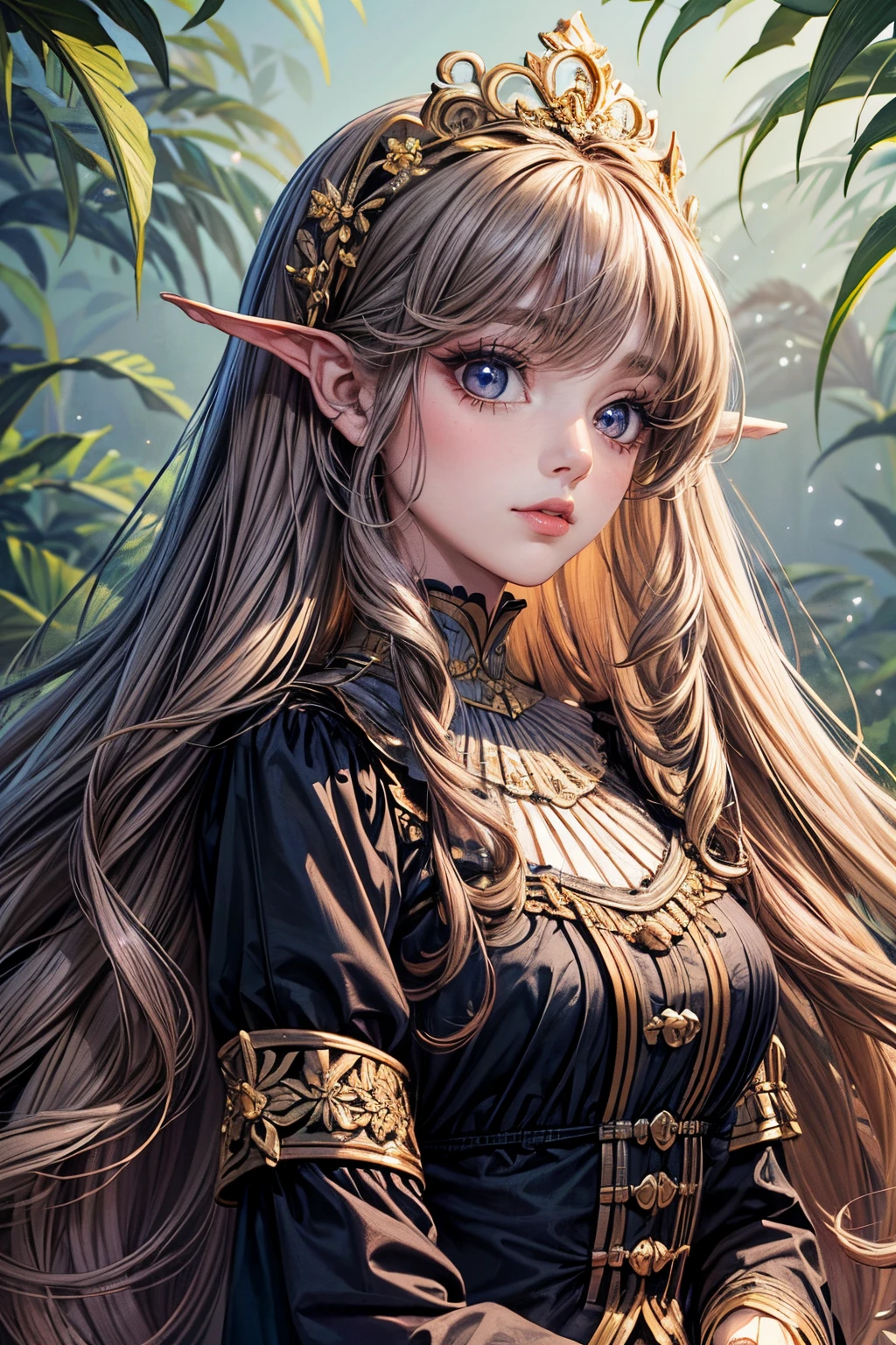 (best quality,8k,CG),detailed upper body,lonely girl,floral forest background,detailed facial features,elegant long curly hair,almond-shaped big eyes,detailed eye makeup,long eyelashes,twinkling stars,exquisite lip details,soft and harmonious style
