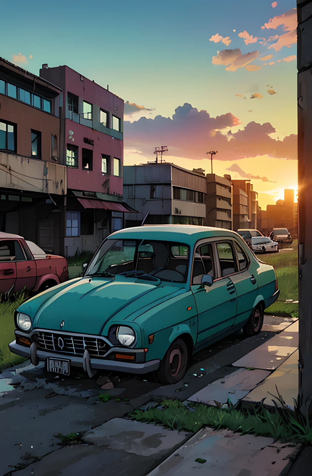 (best quality, HDR, ultra-detalhado, Realistic:1.37), Car Cemetery, muitos carros. Patio with grass. cidade abandonada, abandoned buildings, incomplete constructions, carros abandonados, Greenery next to buildings, Abandoned vehicles strewn and piled up, sun sunset. Estilo anime.