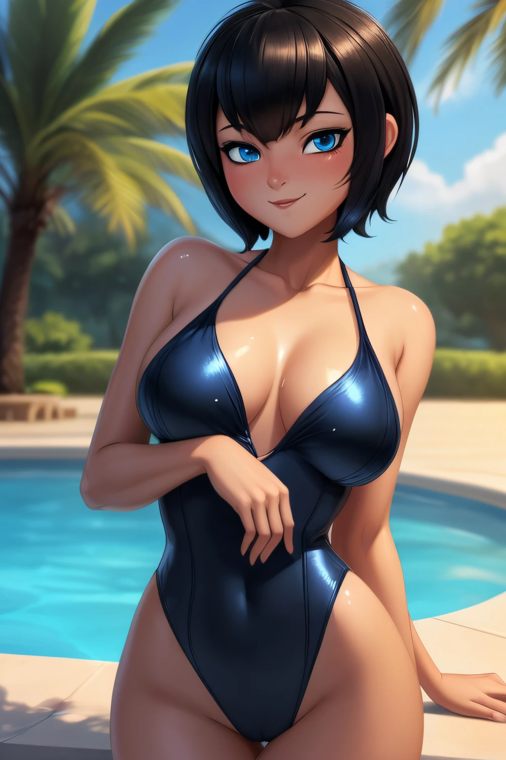 ((ultra quality)), ((tmasterpiece)), mavis dracula, ((Black, Short Hair Hair)), (Beautiful cute face), (beautiful female lips), Charming, ((sexy facial expression)), looking at the camera smiling softly, eyes are slightly closed, (Skin color: white), Body glare, wet body ((detailed beautiful female eyes)), ((dark blue eyes)), (juicy female lips), (beautiful female hands), ((perfect female figure)), perfect female body, Beautiful waist, Gorgeous hips, Beautiful medium breasts, ((Subtle and beautiful)), seductively worth it (close-up of the face), (dressed in a sexy swimsuit) background: near the pool in the backyard, Hot day, ((Depth of field)), ((high quality clear image)), (crisp details), ((higly detailed)), Realistic, Professional Photo Session, ((Clear Focus)), the anime