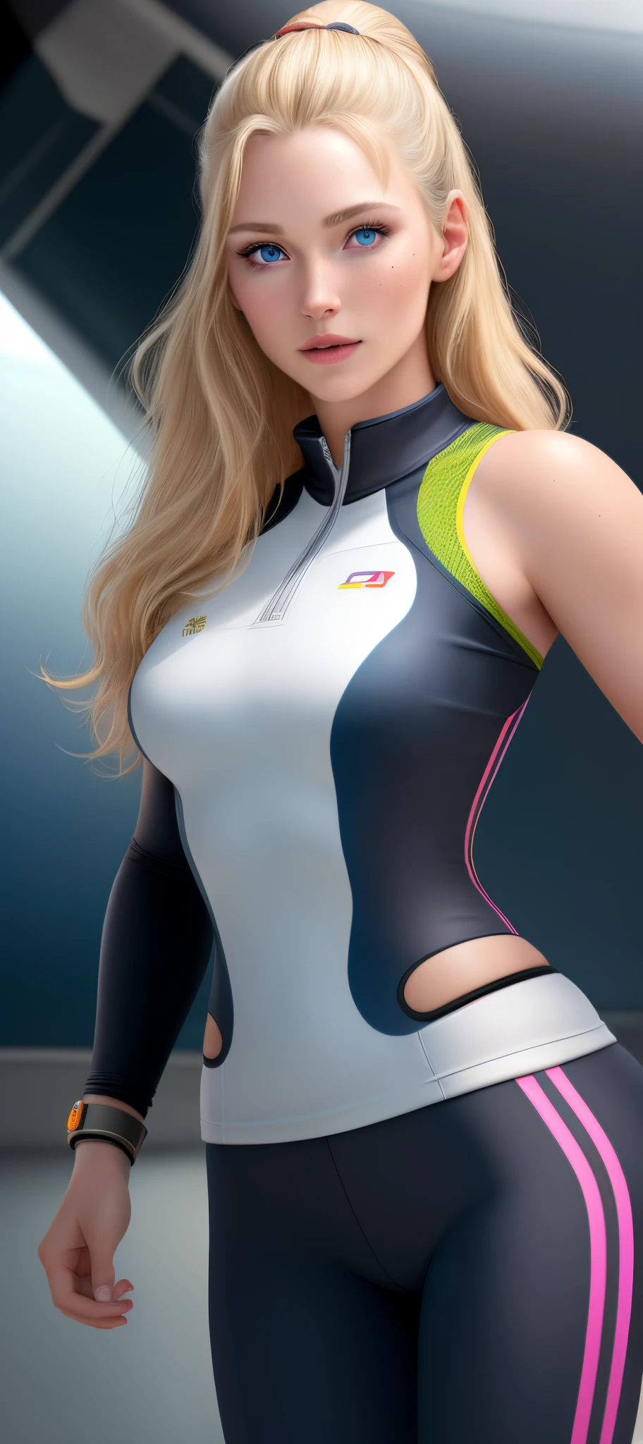 "Complete art masterpiece, high quality, ultra detailed in 4k, 8k, high resolution, hyper-realistic photo, hyper-detailed, realistic skin texture, amazing shadows, extremely detailed texture, perfect lighting, high-level image quality." A female captain of a spaceship, (Fair skin, blond hair, outlined eyes, outlined face, bracelet, Full body), Nice sports clothes, on a Future tech running field, running, sweaty