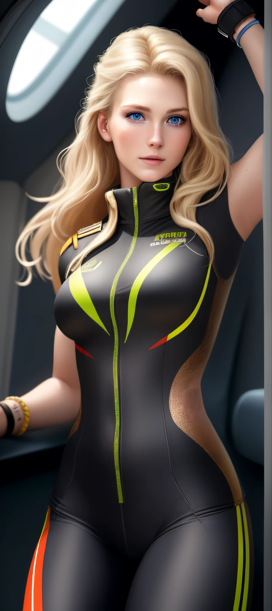 "Complete art masterpiece, high quality, ultra detailed in 4k, 8k, high resolution, hyper-realistic photo, hyper-detailed, realistic skin texture, amazing shadows, extremely detailed texture, perfect lighting, high-level image quality." A female captain of a spaceship, (Fair skin, blond hair, outlined eyes, outlined face, bracelet, Full body), Nice sports clothes, on a Future tech running field, running, sweaty