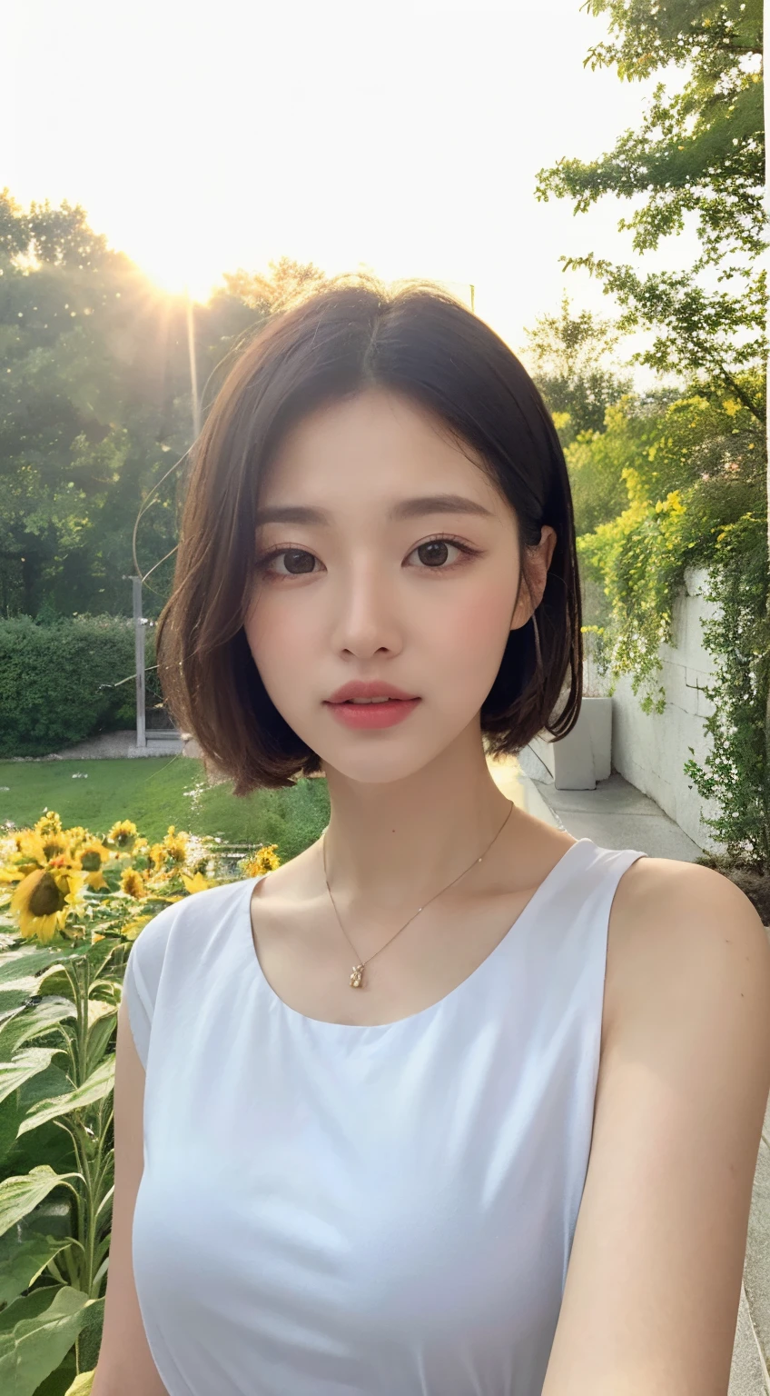 (Best Quality), (8K), (of the highest quality), (realphoto), (photos realistic), Sunflower garden, Blue sky, Rainbow and sun glow.