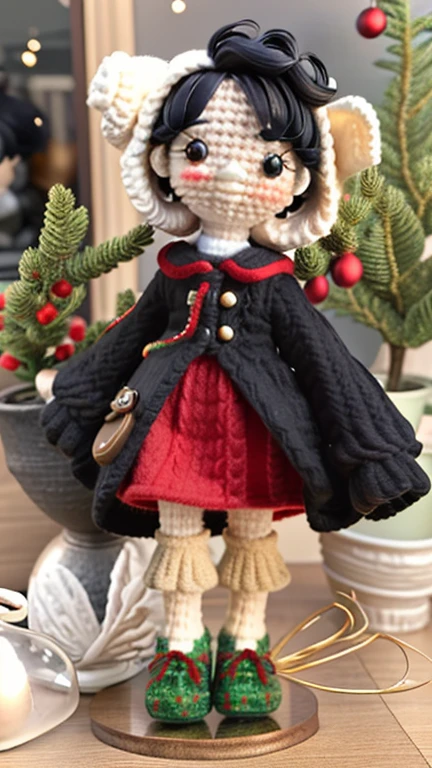 Woolen doll young man, short black hair, happy face, trendy Christmas clothes. Happy holidays